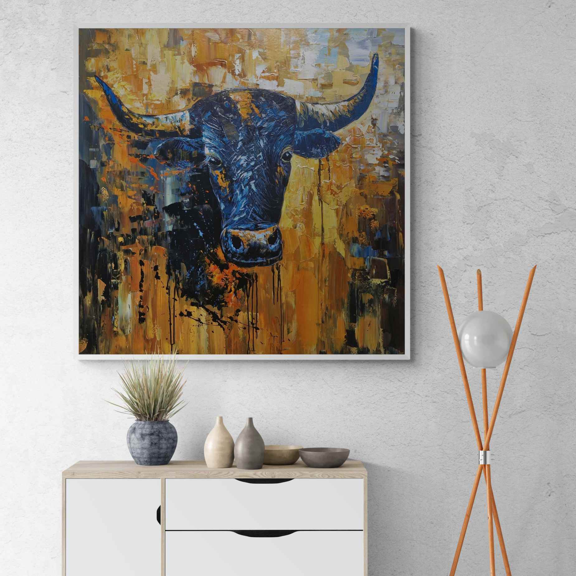 Pintura de un toro en óleo sobre lienzo, estilo moderno y rústico, ideal para decoración de espacios con carácter.