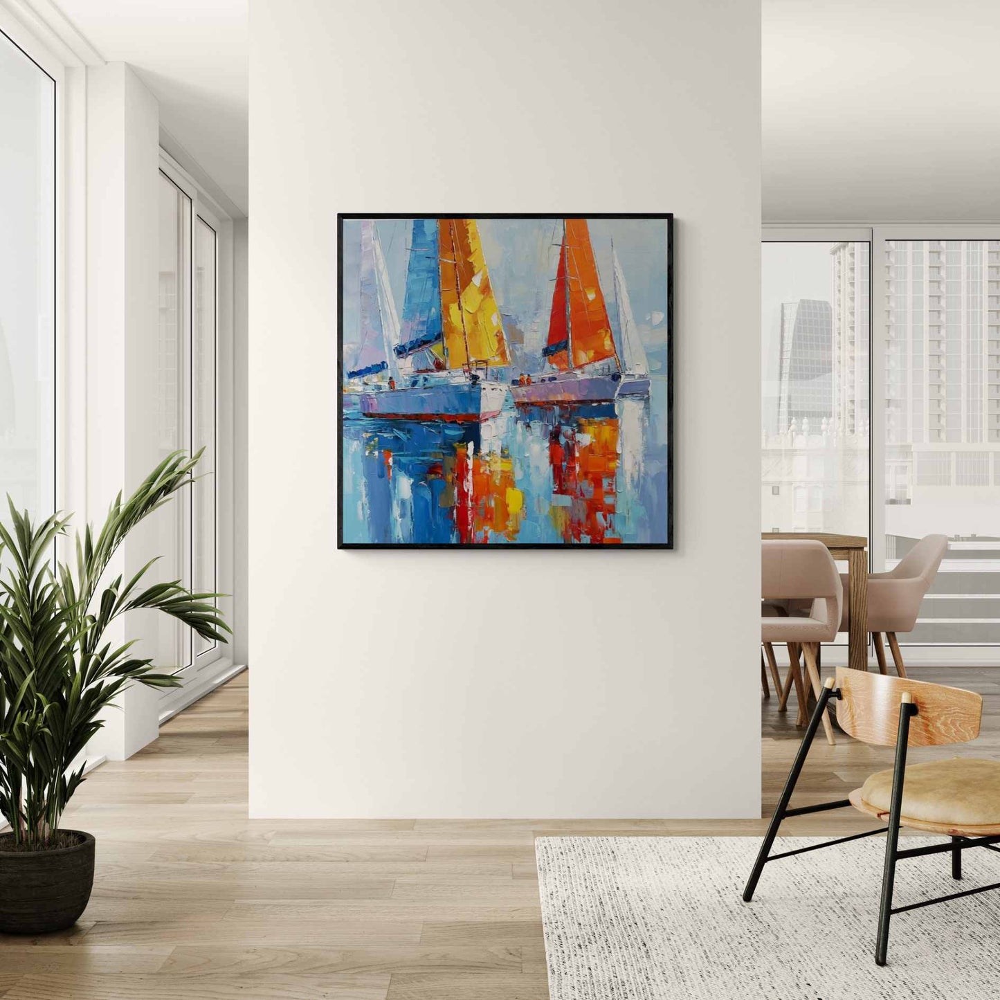 Pintura hecha a mano de barcos sobre el agua