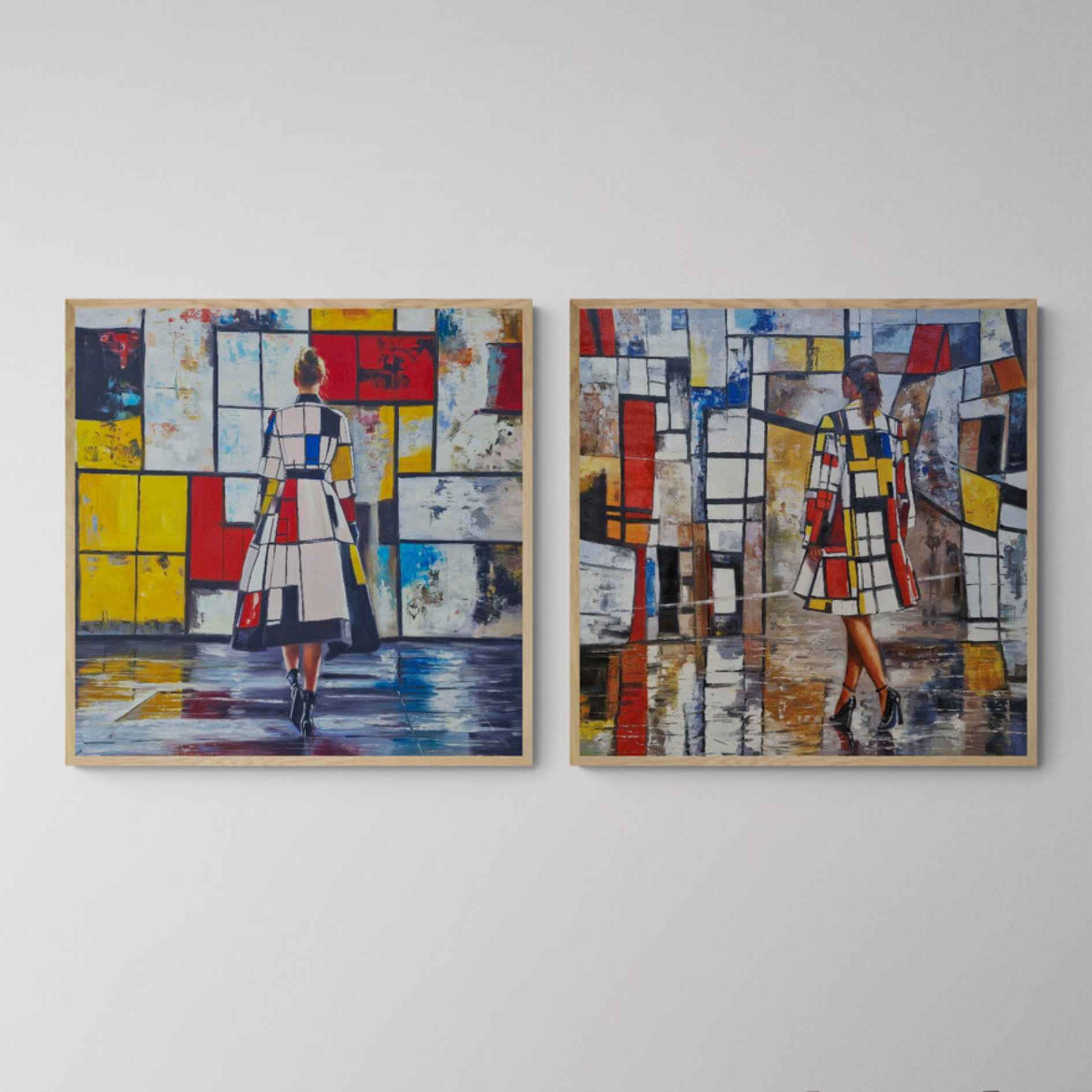 Set de cuadros pintados a mano con figura femenina y fondo geométrico