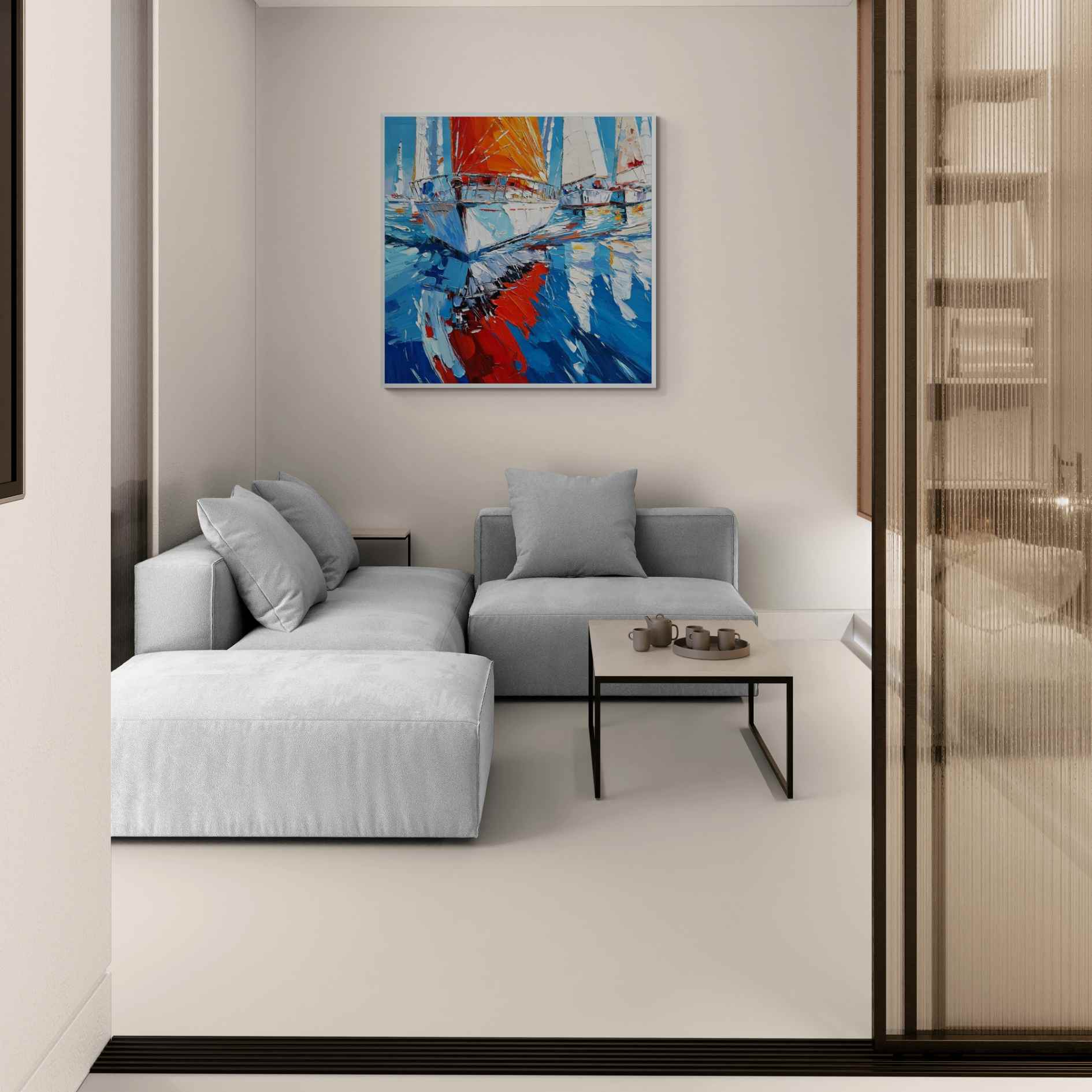Decoración de pared con barcos y reflejos en el agua