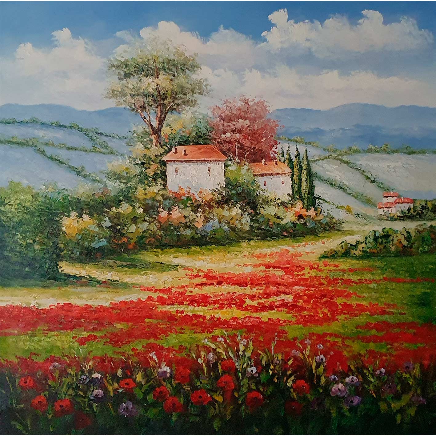 Mohnblumen-Landschaftsgemälde 80x80 cm