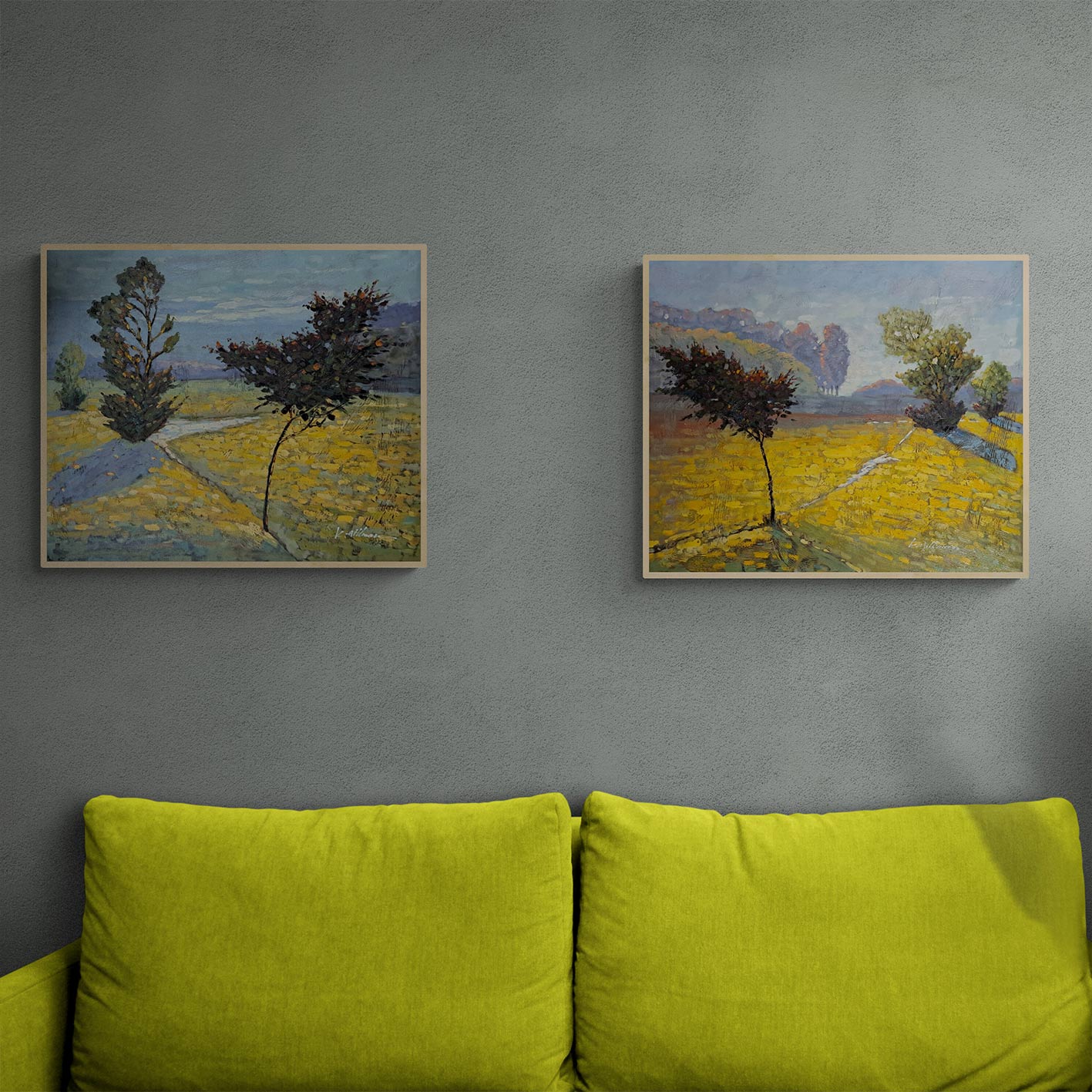 Gelbes Landschafts-Diptychon-Gemälde 60X50 cm [2 Stück]