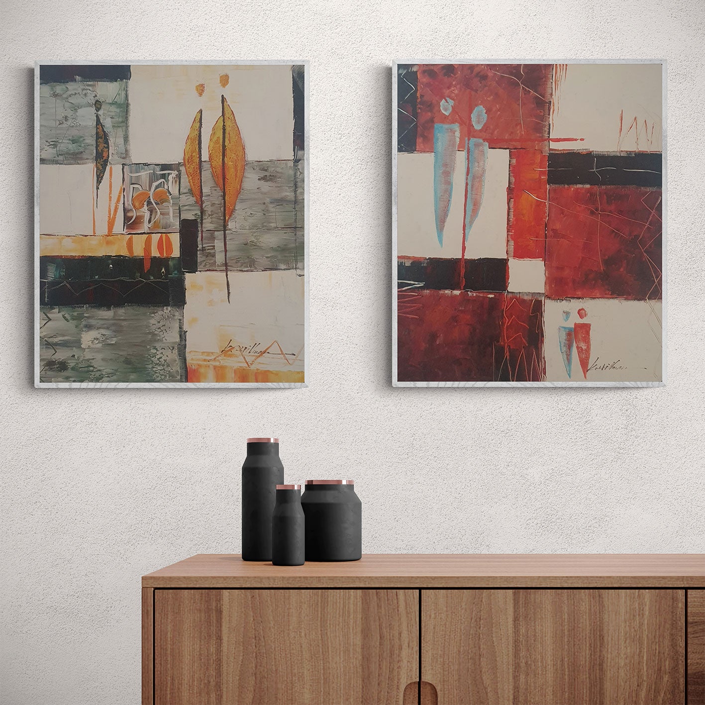 Abstraktes Diptychon Gemälde Menschen 50x60 cm [2 Stück]