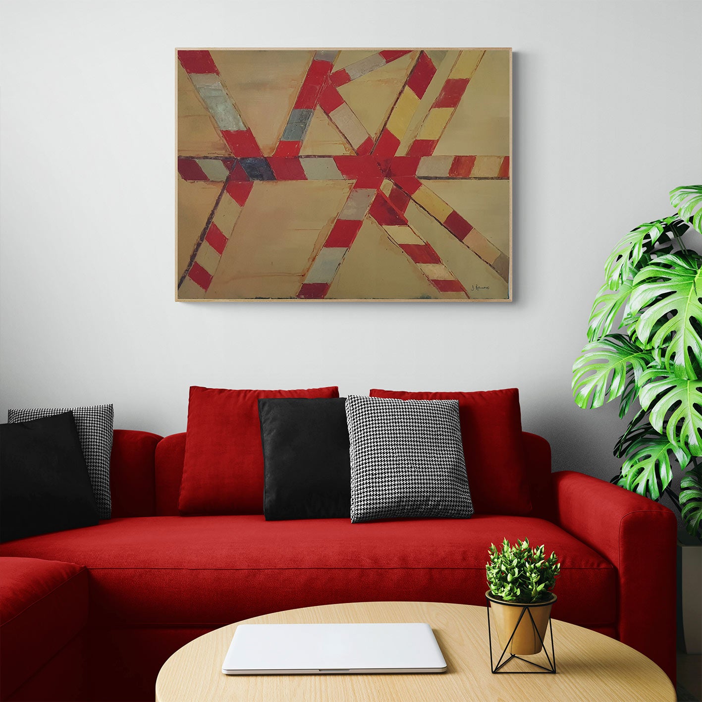Pintura moderna abstracta con líneas y contraste visual pintada al óleo