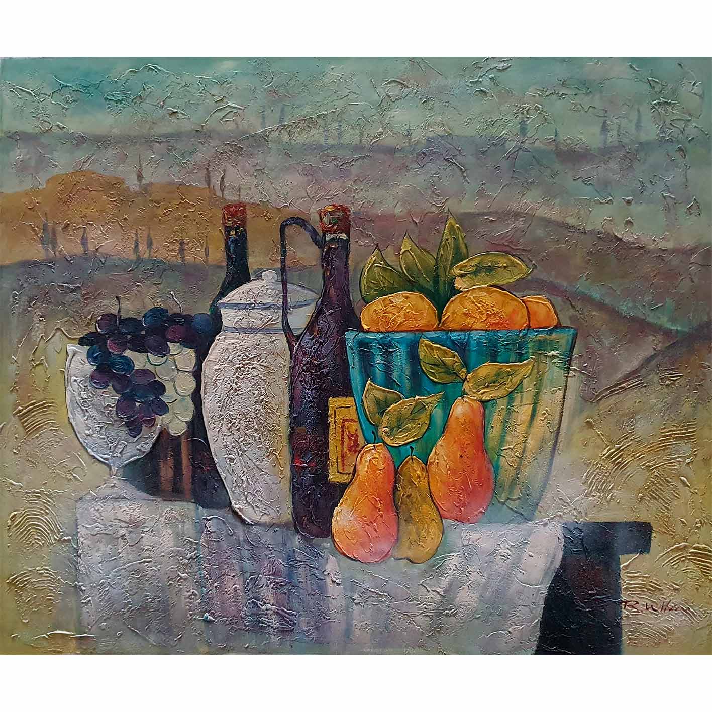 Bodegón realista con manzanas uvas y copas de vino