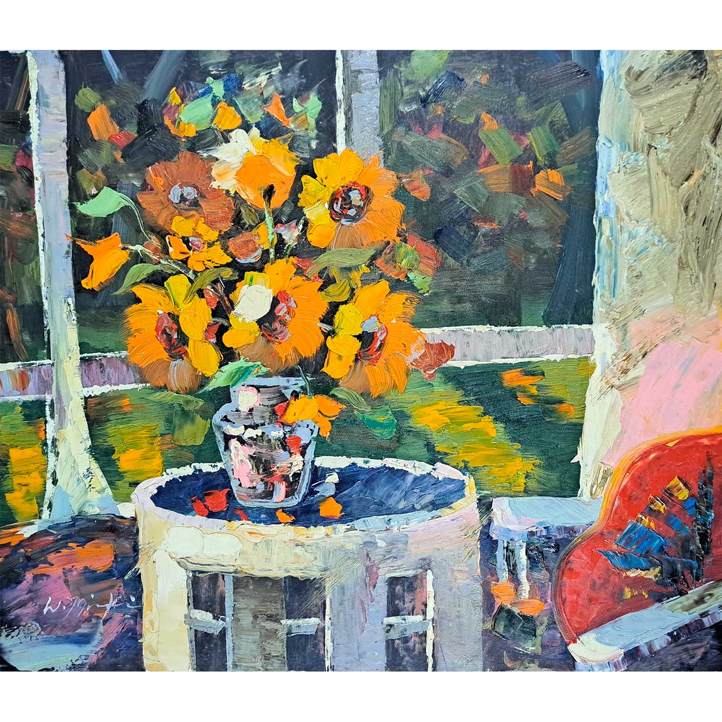 Comprar cuadro impresionista pintado a mano al óleo de jarrón con girasoles en interior