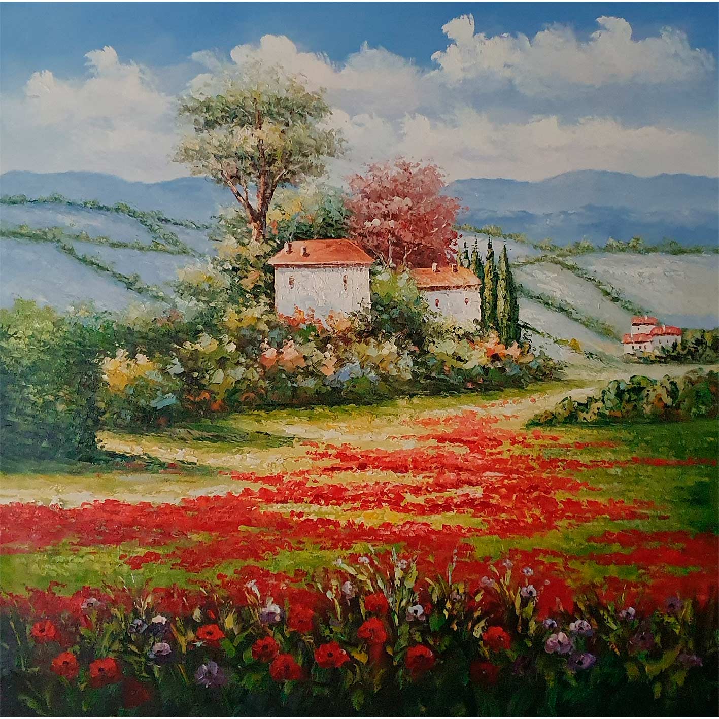Comprar cuadro decorativo al óleo de paisaje rural y flores pintado con detallismo