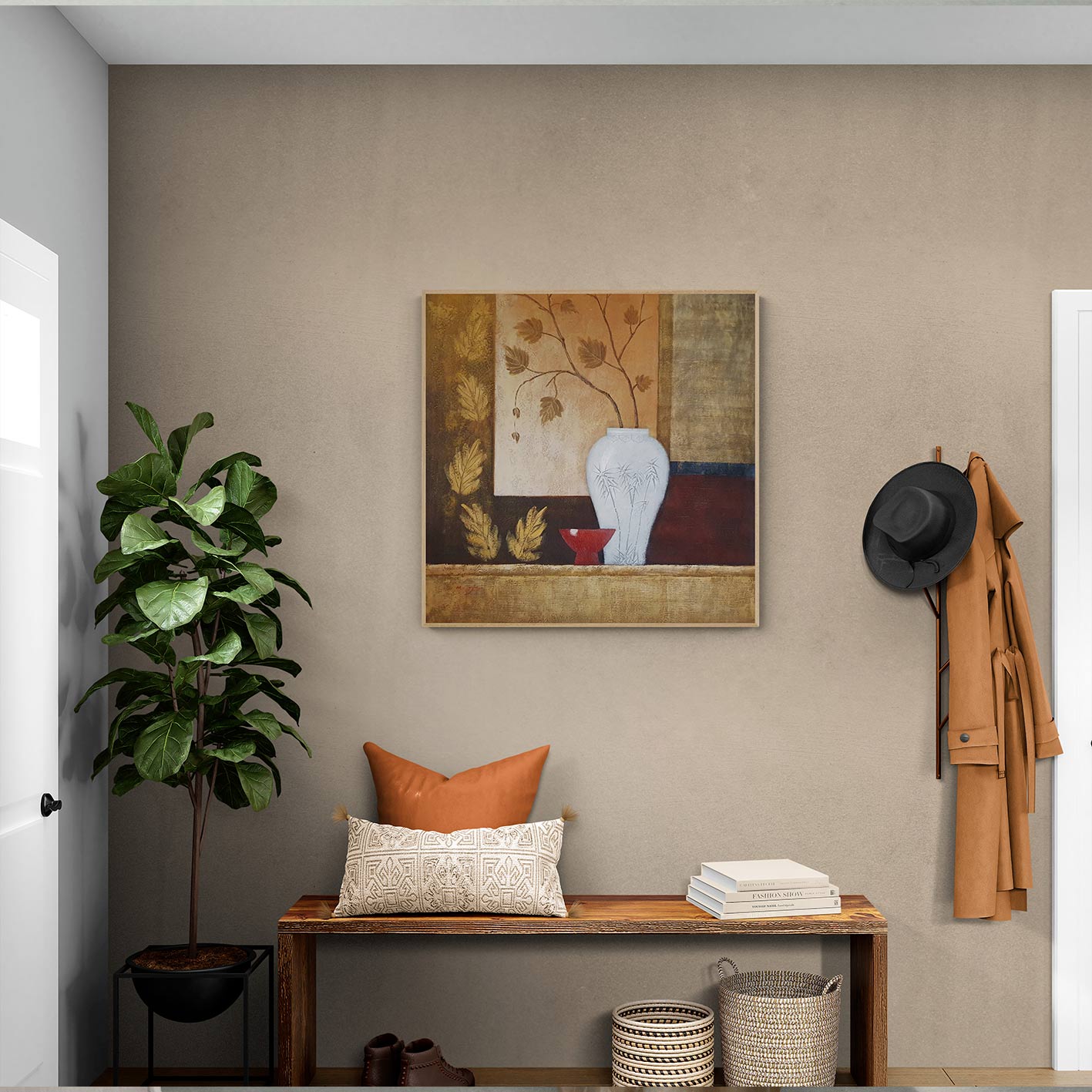 Comprar cuadro para cocina de bodegón con decoración vegetal zen en tonos tierra y dorado