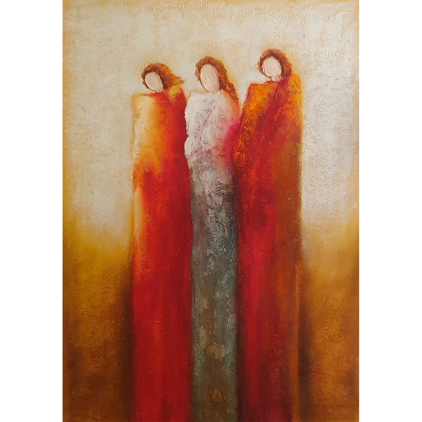 Pintura figurativa abstracta con tres mujeres en rojo