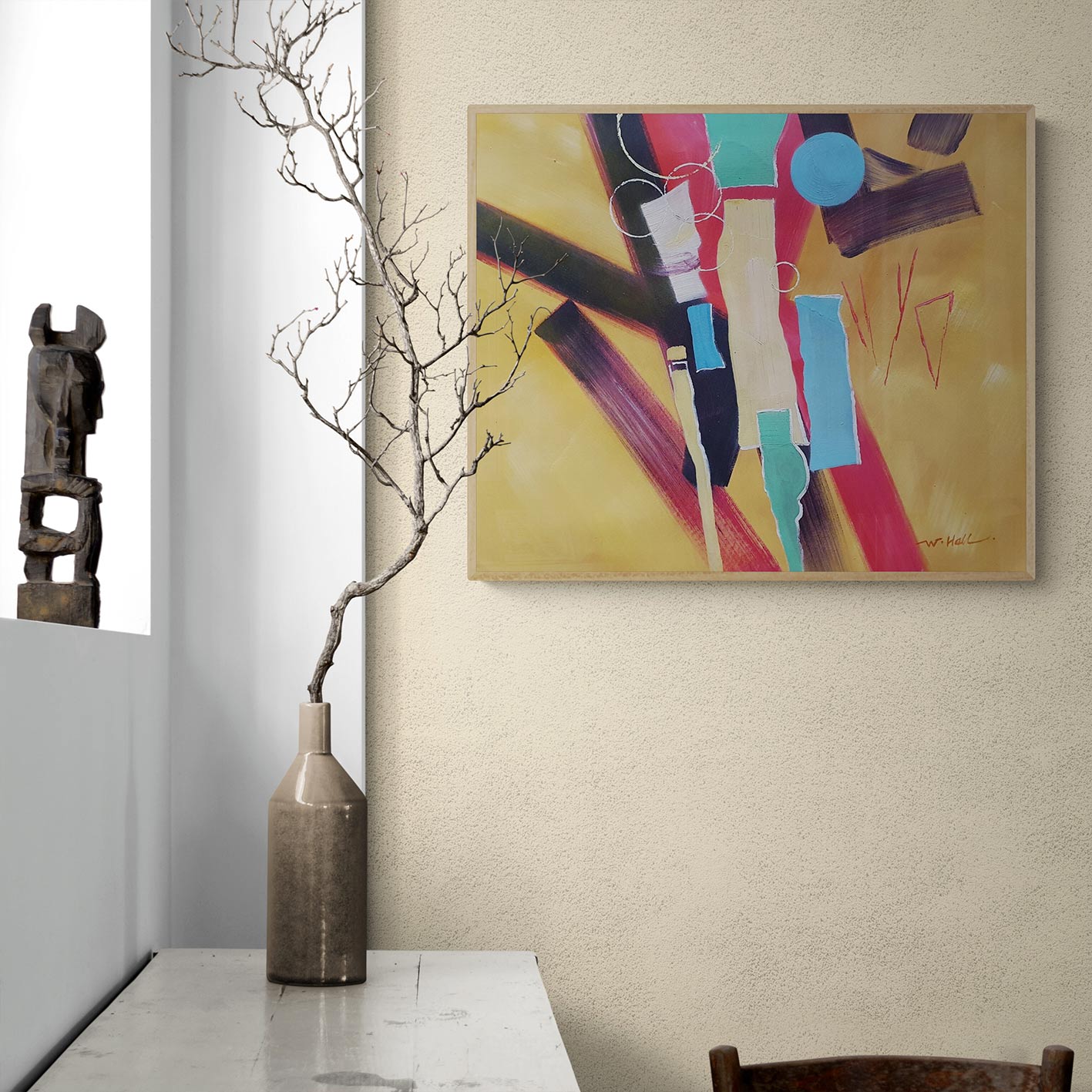 Cuadro abstracto moderno hecho a mano en tonos amarillo, rojo, verde y azul