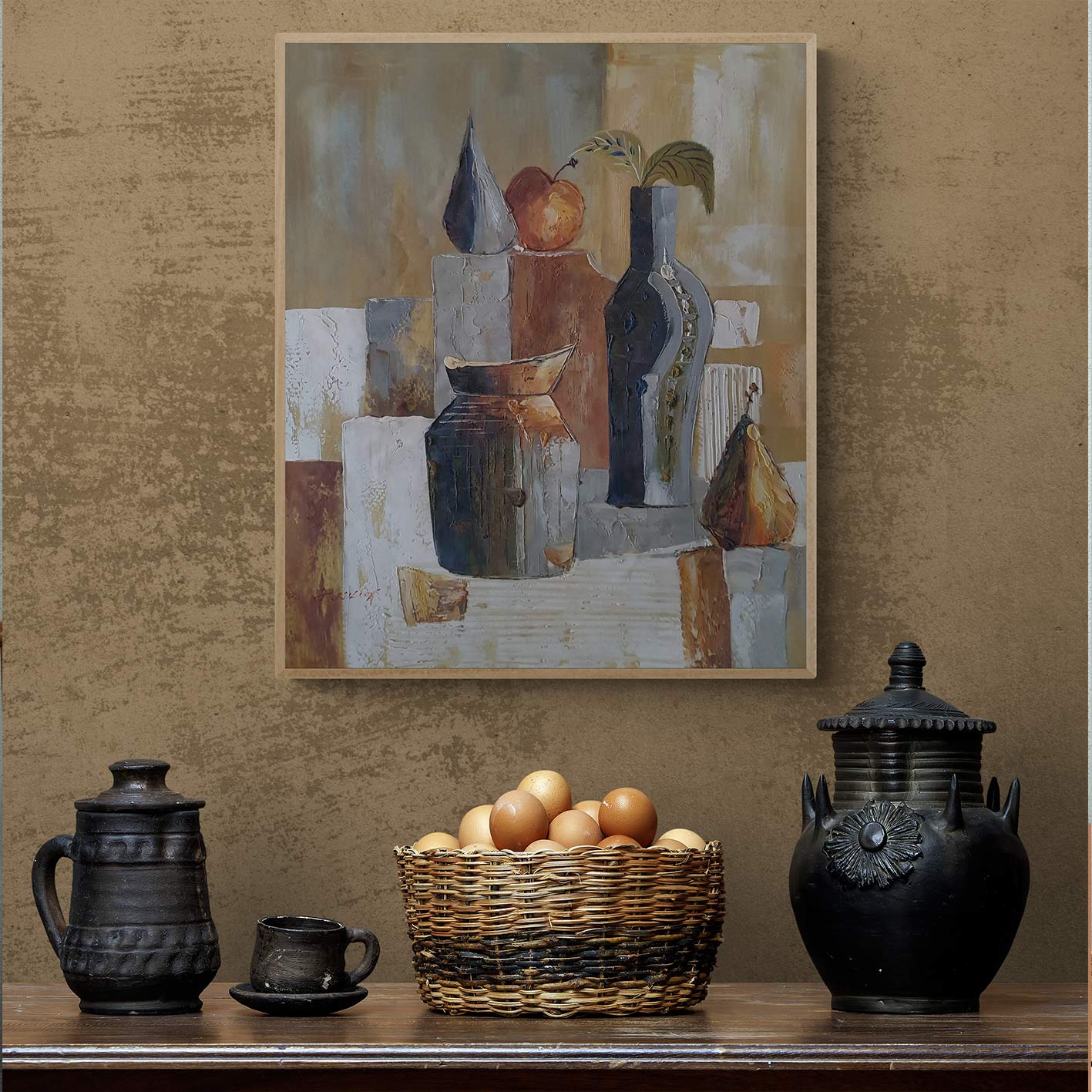 Cuadro contemporáneo de bodegón en estilo abstracto ideal para hogares o negocios con decoración rústica