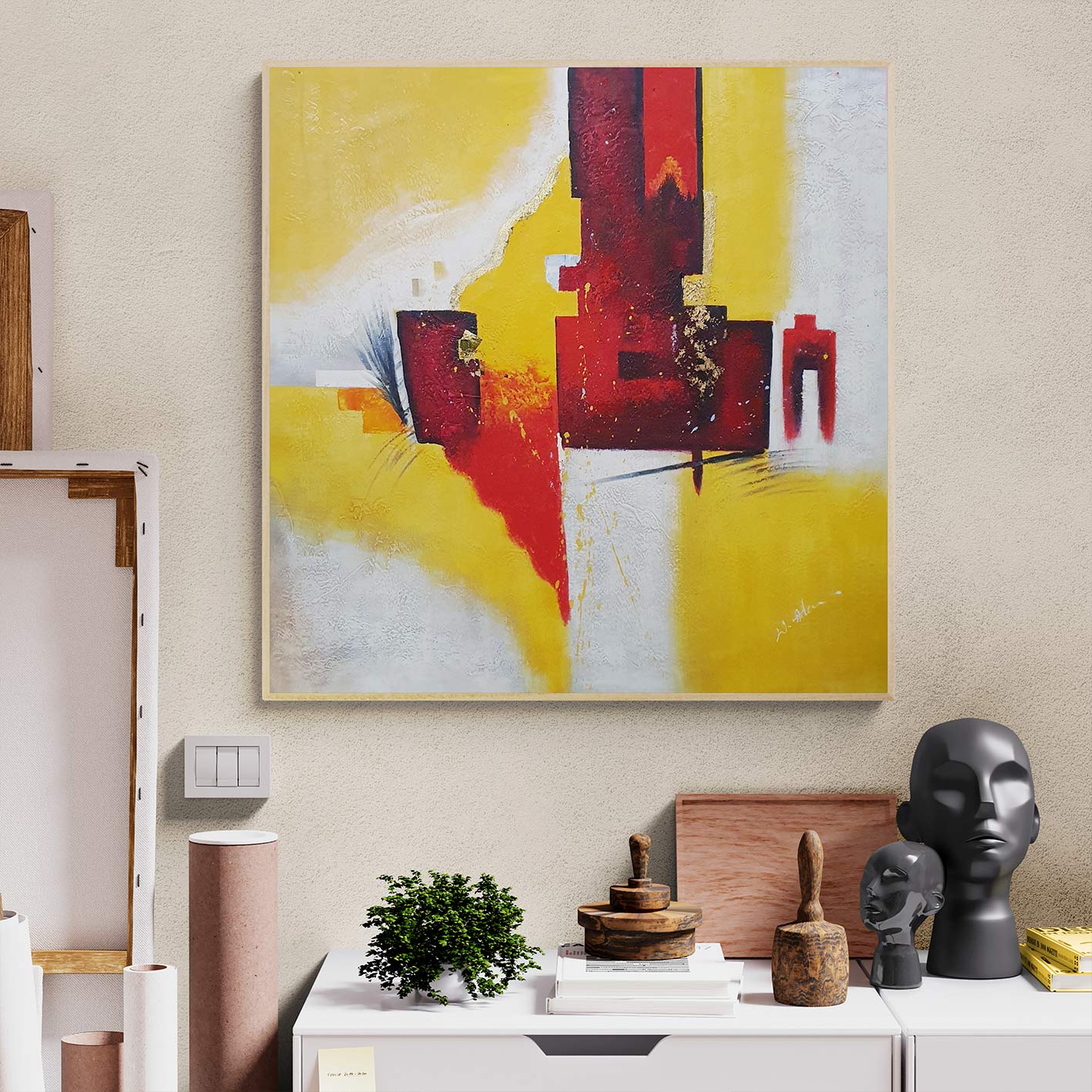 Cuadro abstracto con formas geométricas y textura en amarillo y rojo