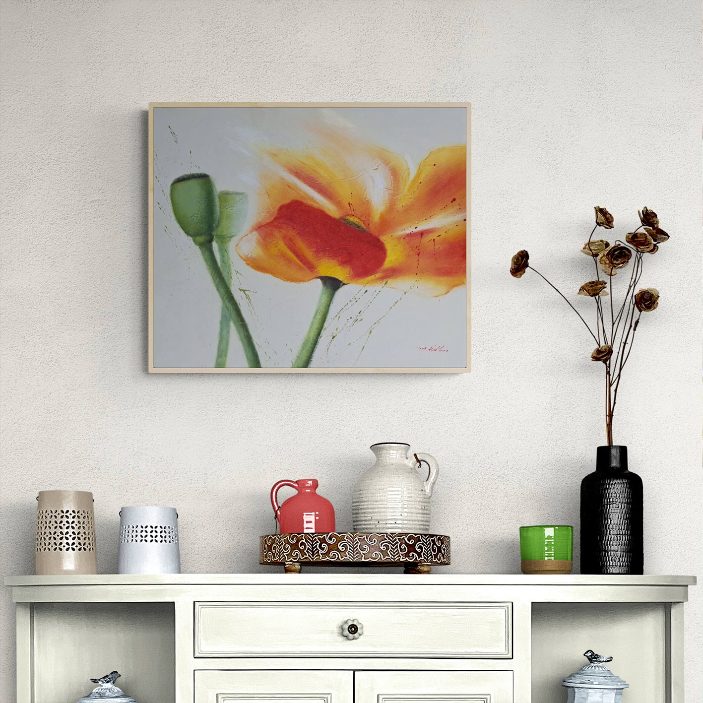 Cuadro Oleo Lienzo Flor deseo Naranja 60x50 cm