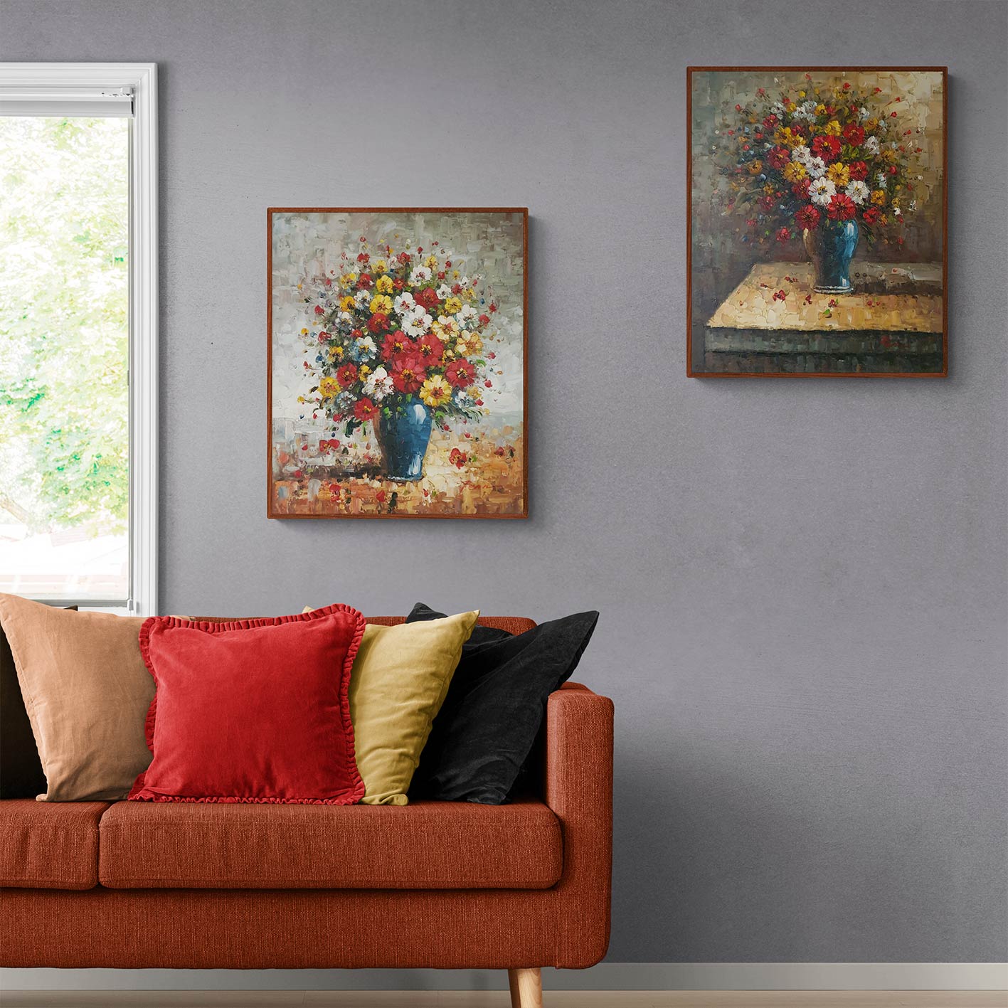 Pareja de cuadros decorativos en óleo con flores rojas, amarillas y blancas
