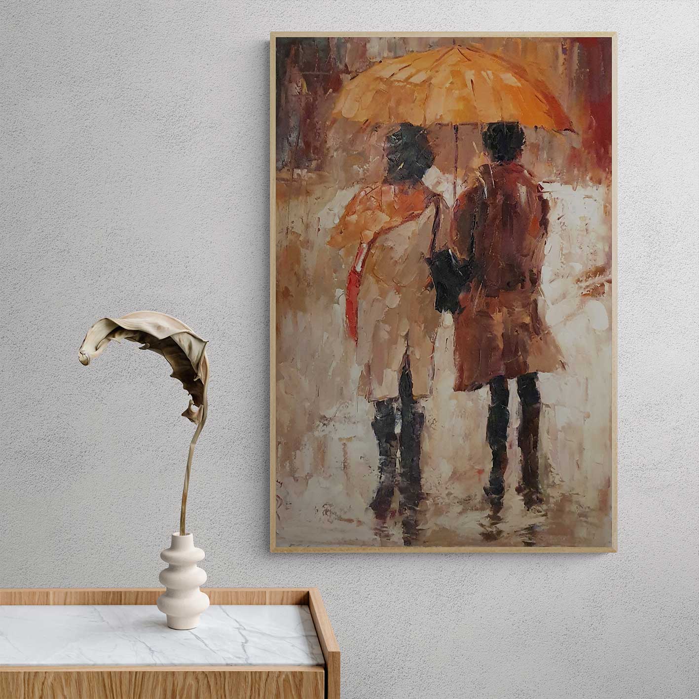Cuadro de arte figurativo de pareja caminando bajo paraguas