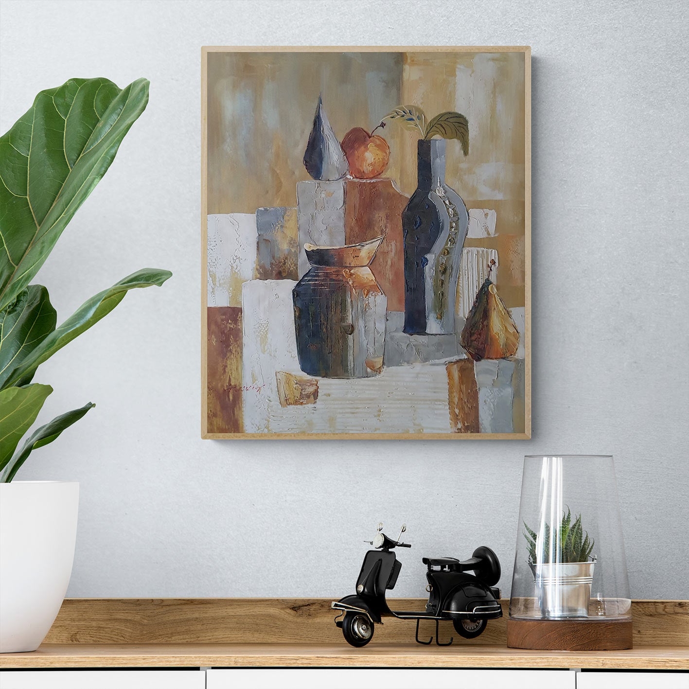 Cuadro de bodegón moderno pintado a mano en óleo con fondo abstracto