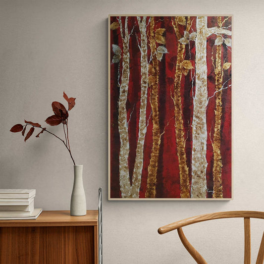 Pintura al óleo con árboles texturizados y fondo rojo