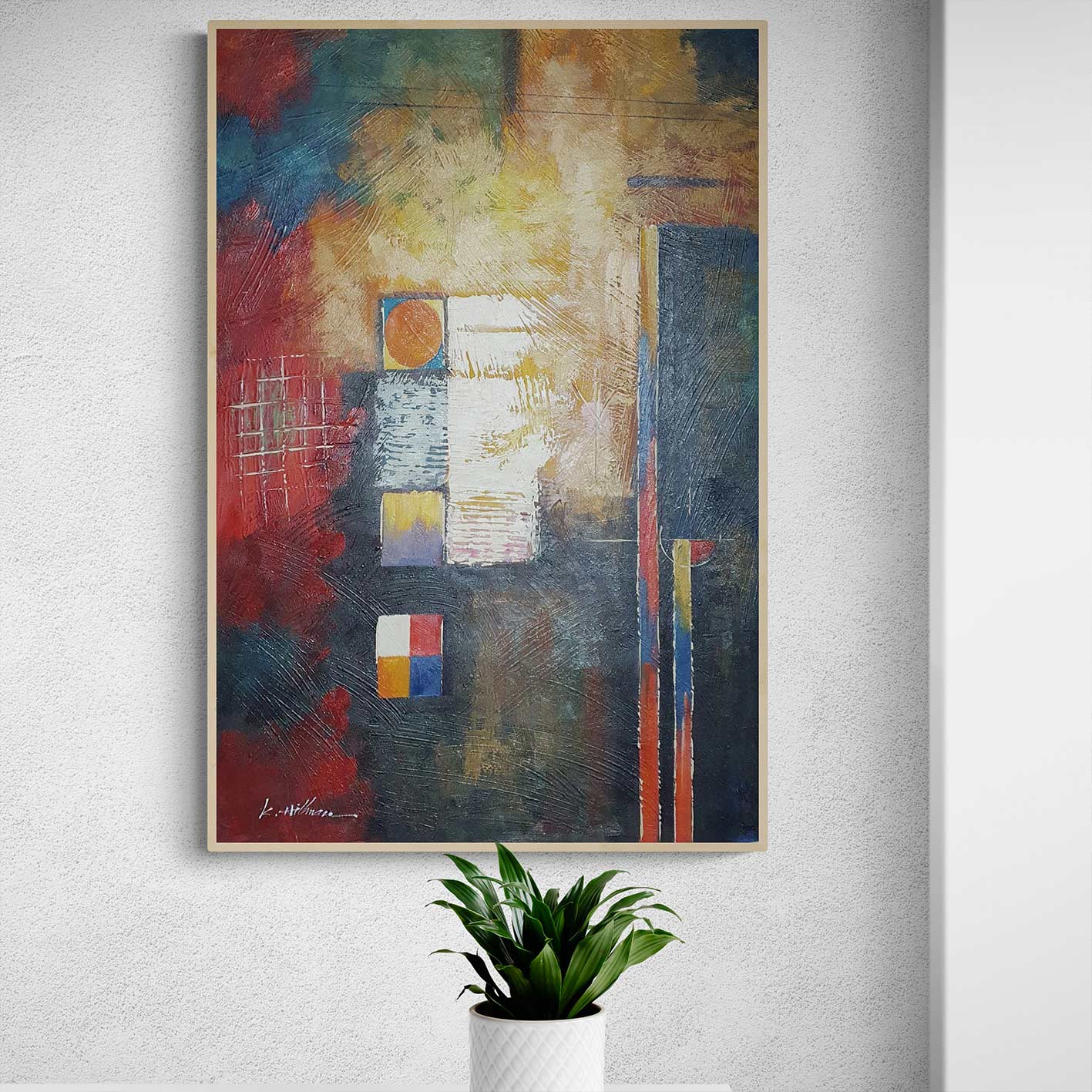 Cuadro decorativo abstracto con textura y formas geométricas en colores primarios