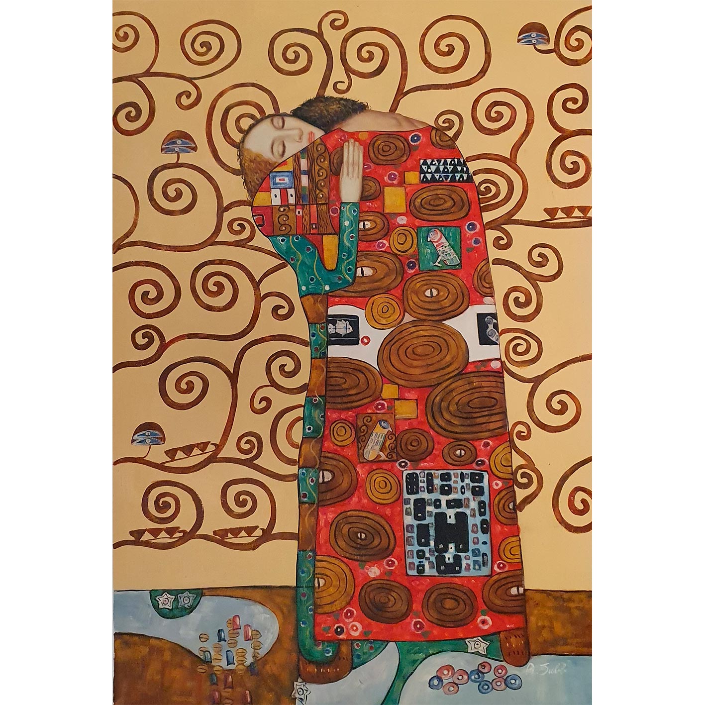 Pintura decorativa de pareja abrazada con fondo espiral