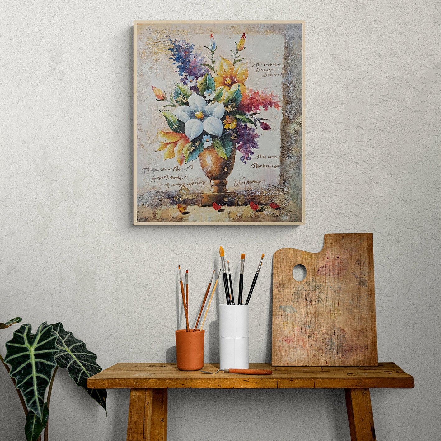 Cuadro Jarron Flores y Letras 50x60 cm