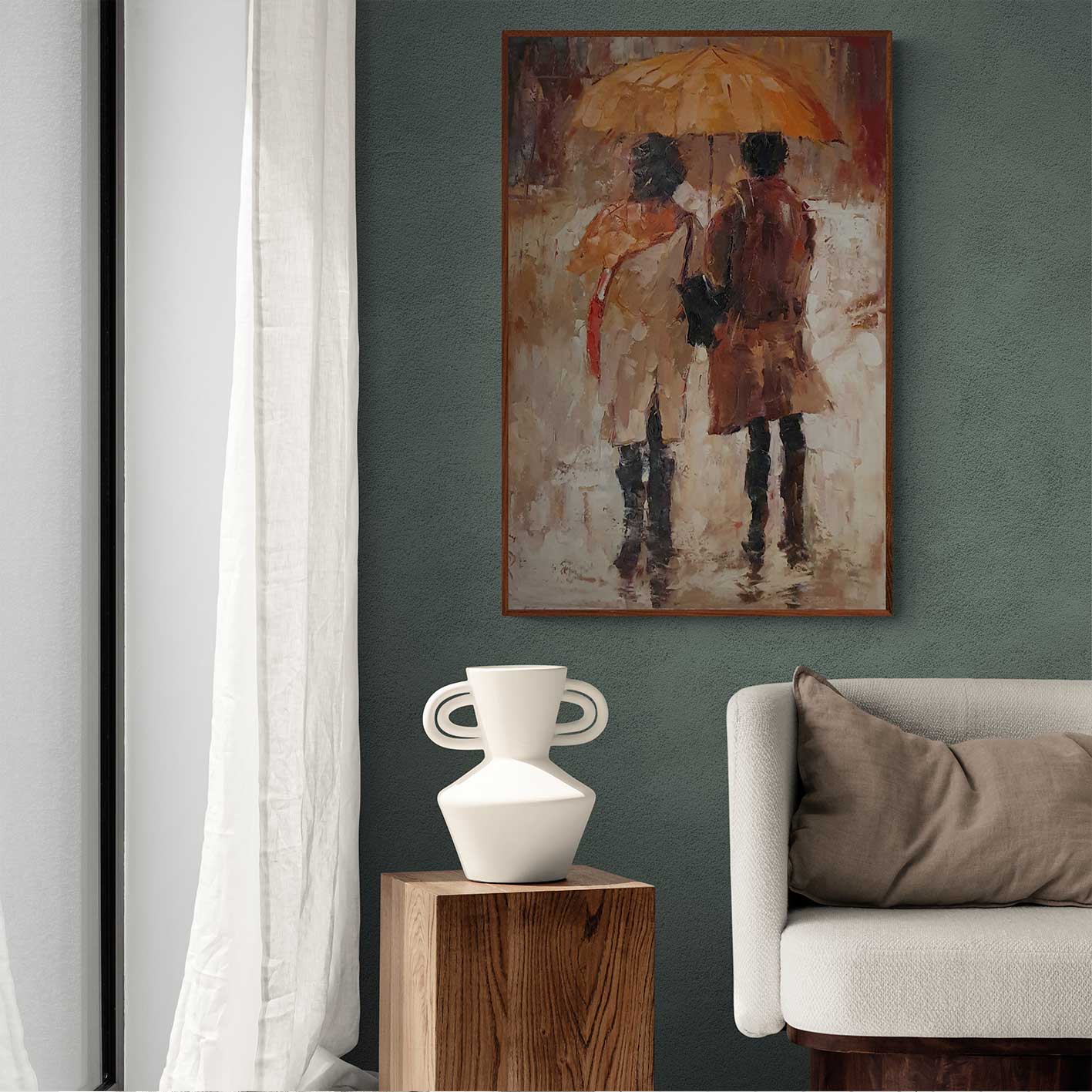 Cuadro decorativo de pareja pintado al óleo en tonos cálidos con escena urbana