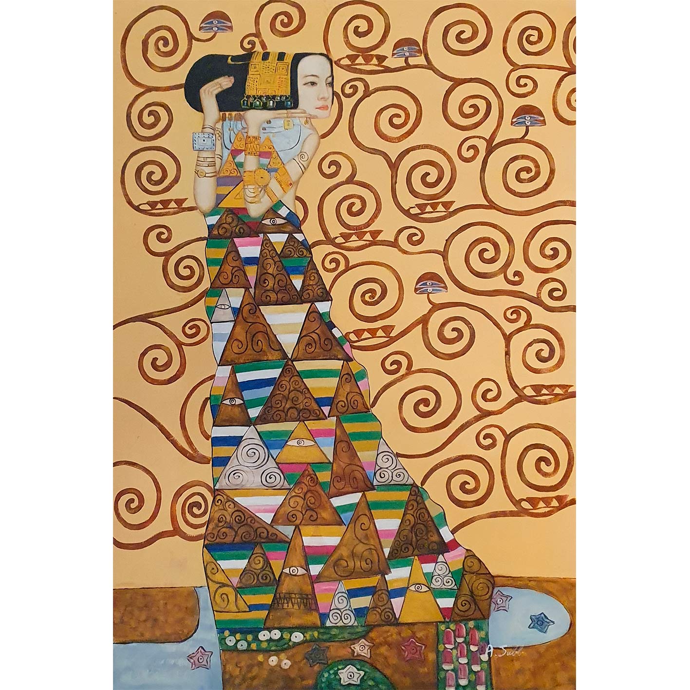 Cuadro moderno de mujer imitación de Gustav Klimt con fondo abstracto