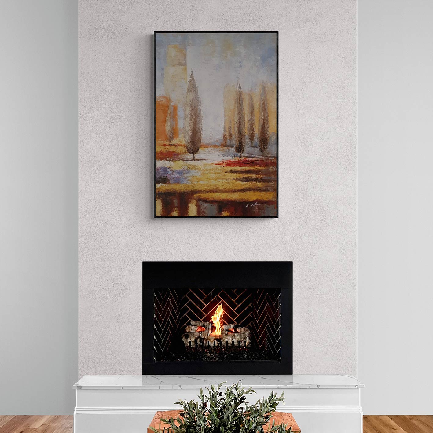 Cuadro decorativo de paisaje natural con cipreses y tonos cálidos