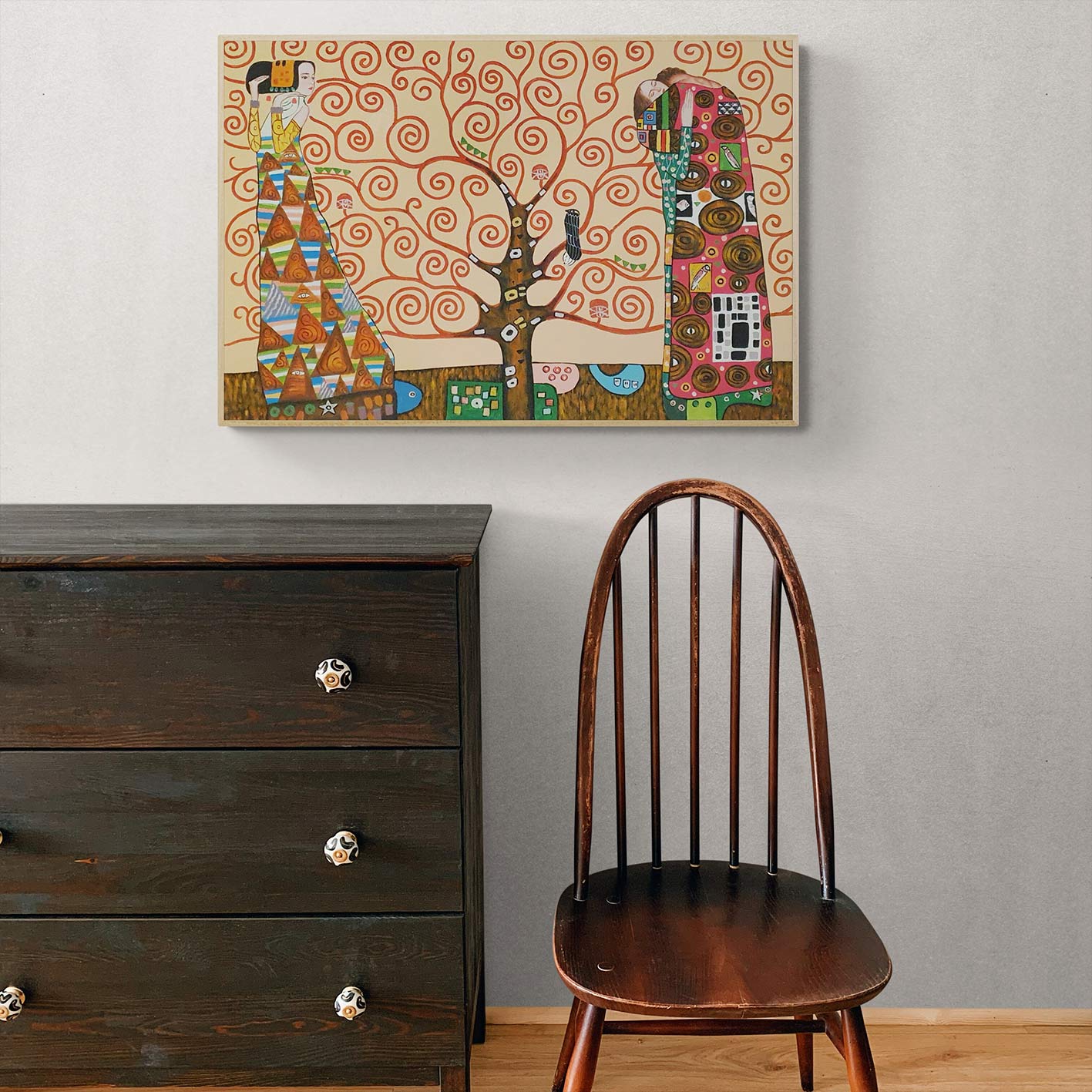 Cuadro artístico con árbol de la vida y pareja simbólica
