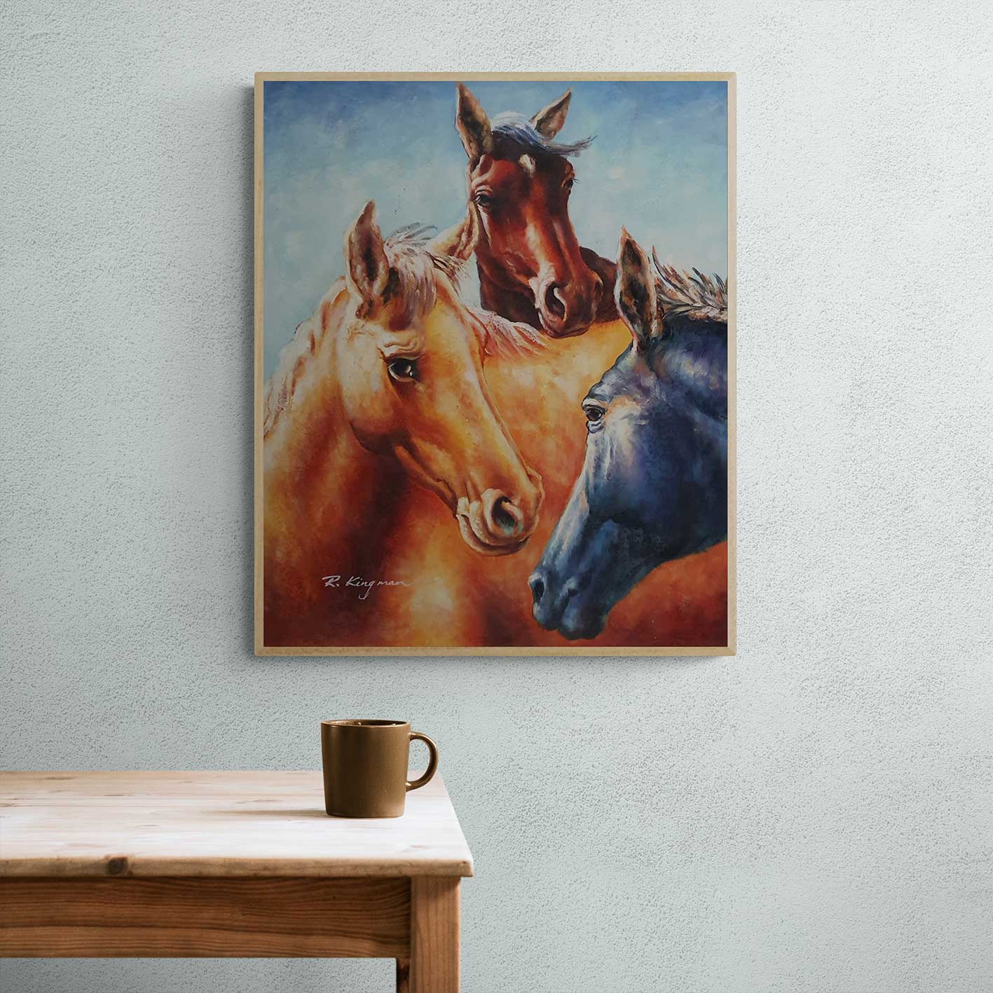 Cuadro figurativo realista de tres caballos juntos en tonos marrón y azul