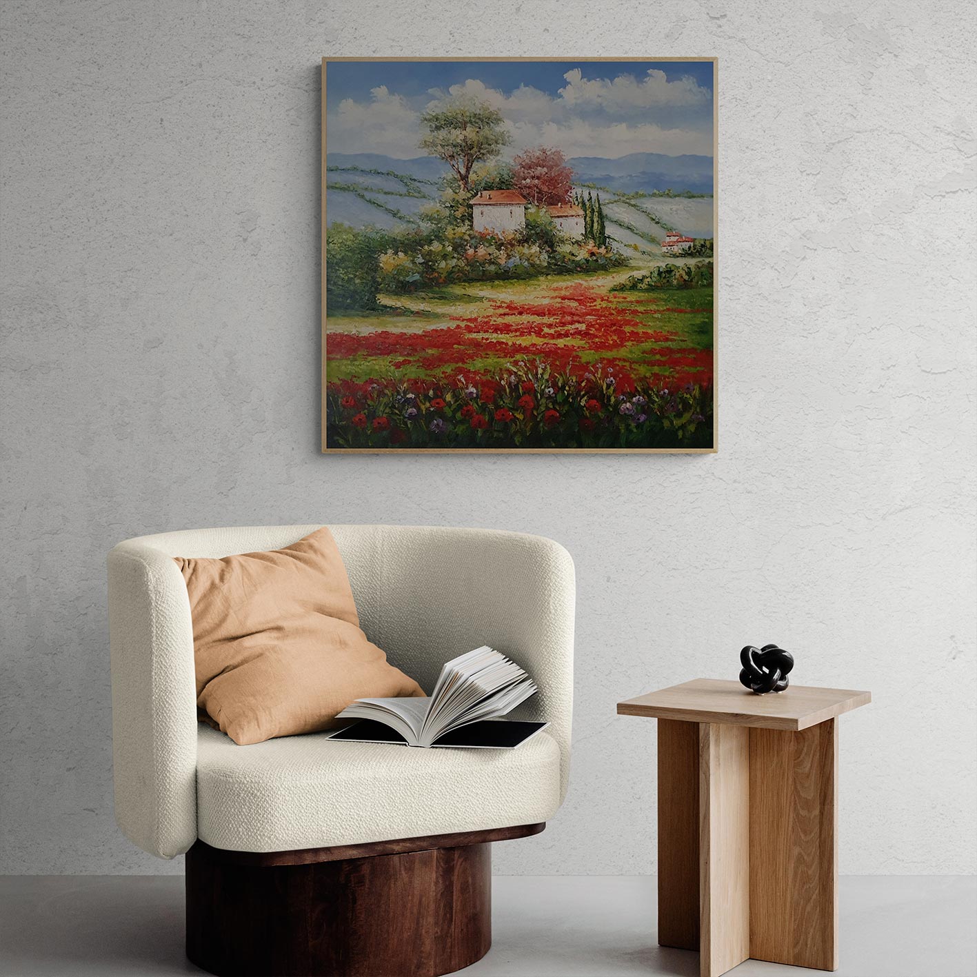 Cuadro decorativo con escena campestre pintado a mano con técnica espátula al óleo