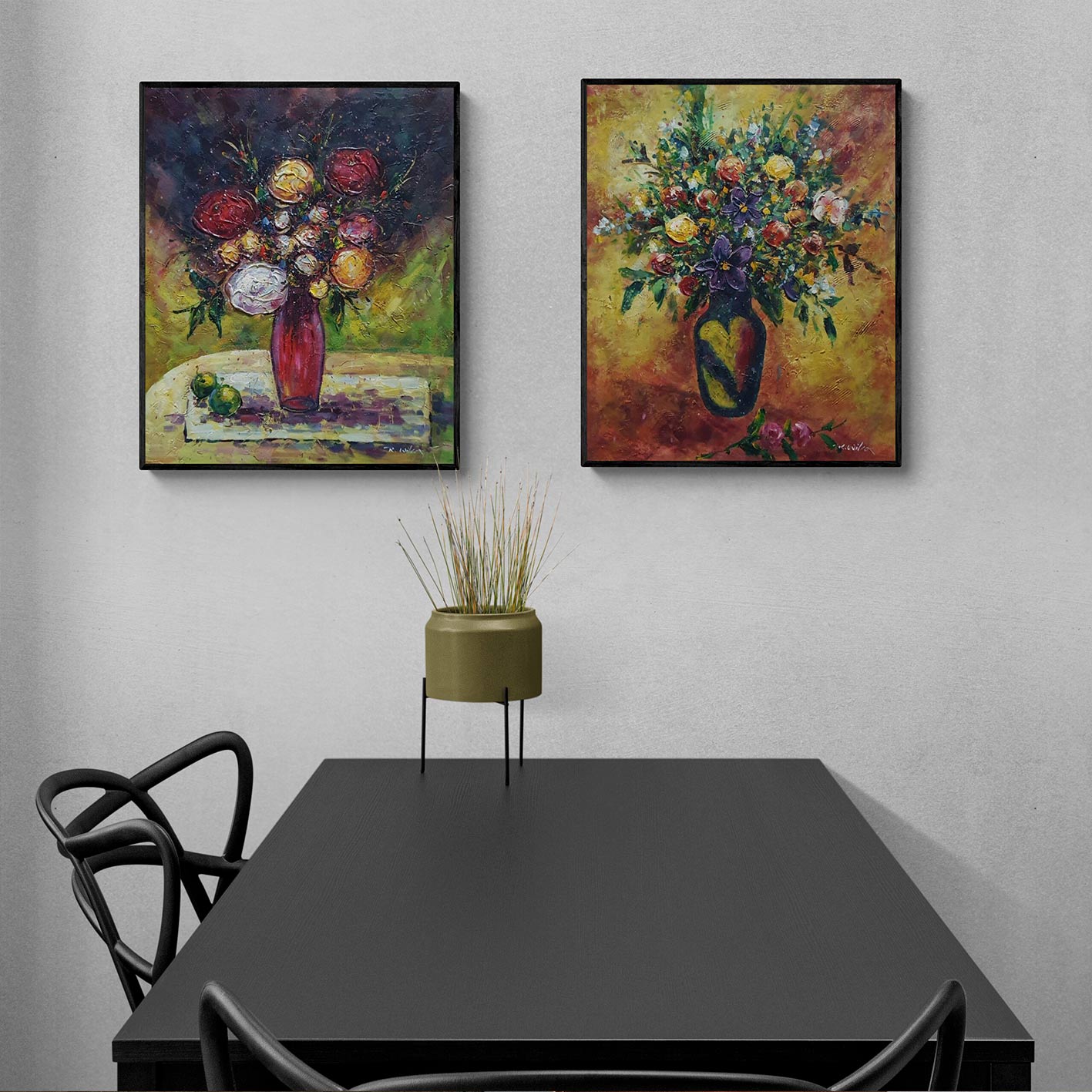 Cuadro díptico floral con jarrones en formato 50x60 cm 