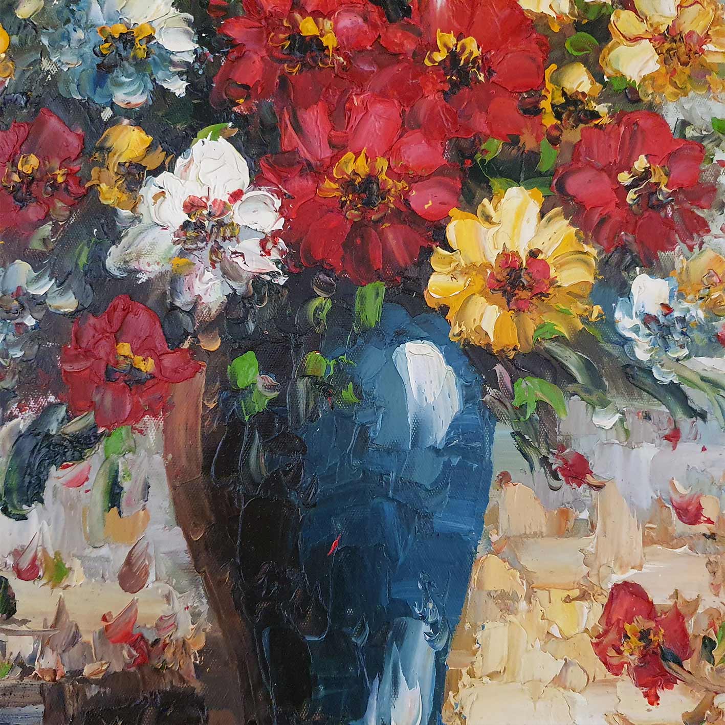Detalle de textura pareja de cuadros de flores técnica espátula