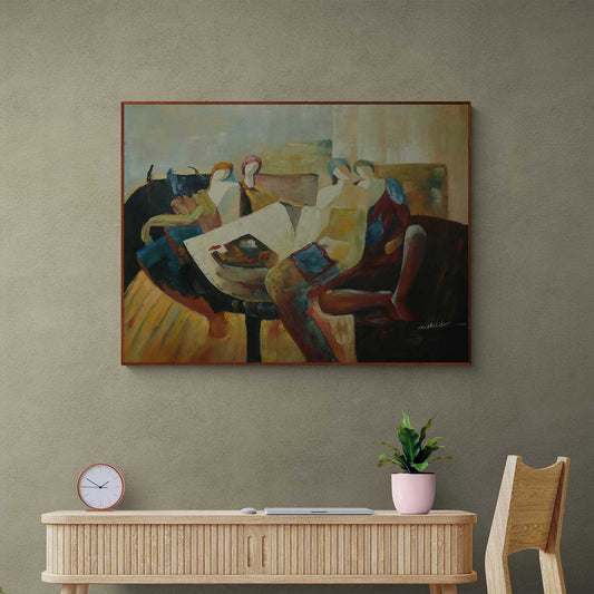 Pintura al óleo de personas en círculo de conversación