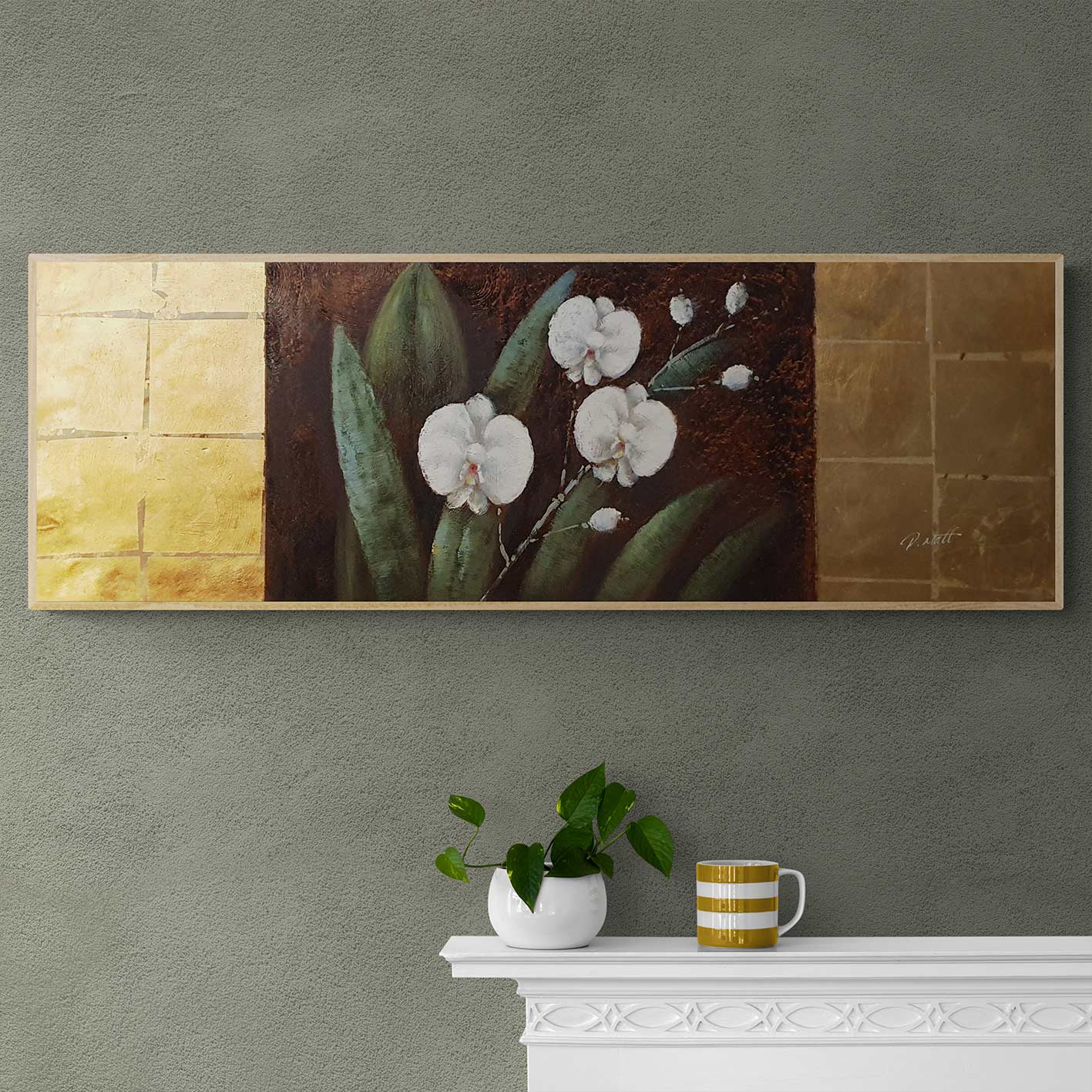 Cuadro Flores Oros Blancas 120x40 cm