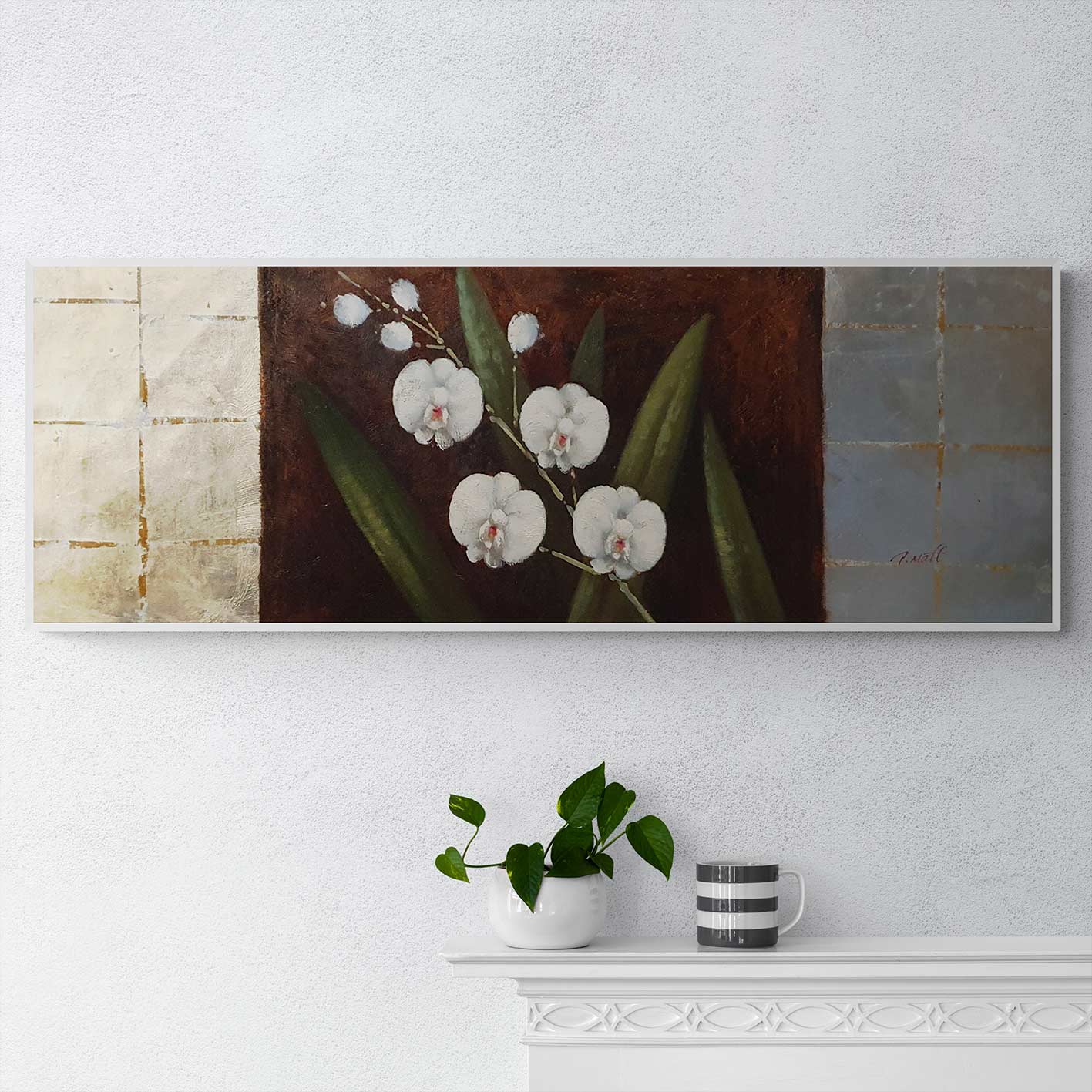 Cuadro Flores Plata Blancas 120x40 cm