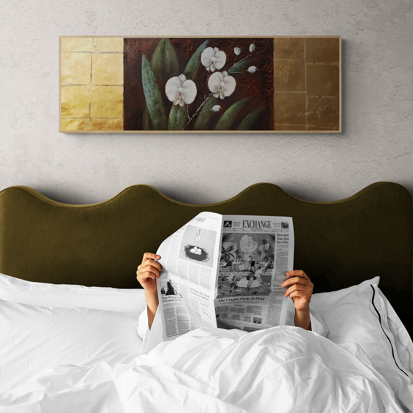 Cuadro Flores Oros Blancas 120x40 cm
