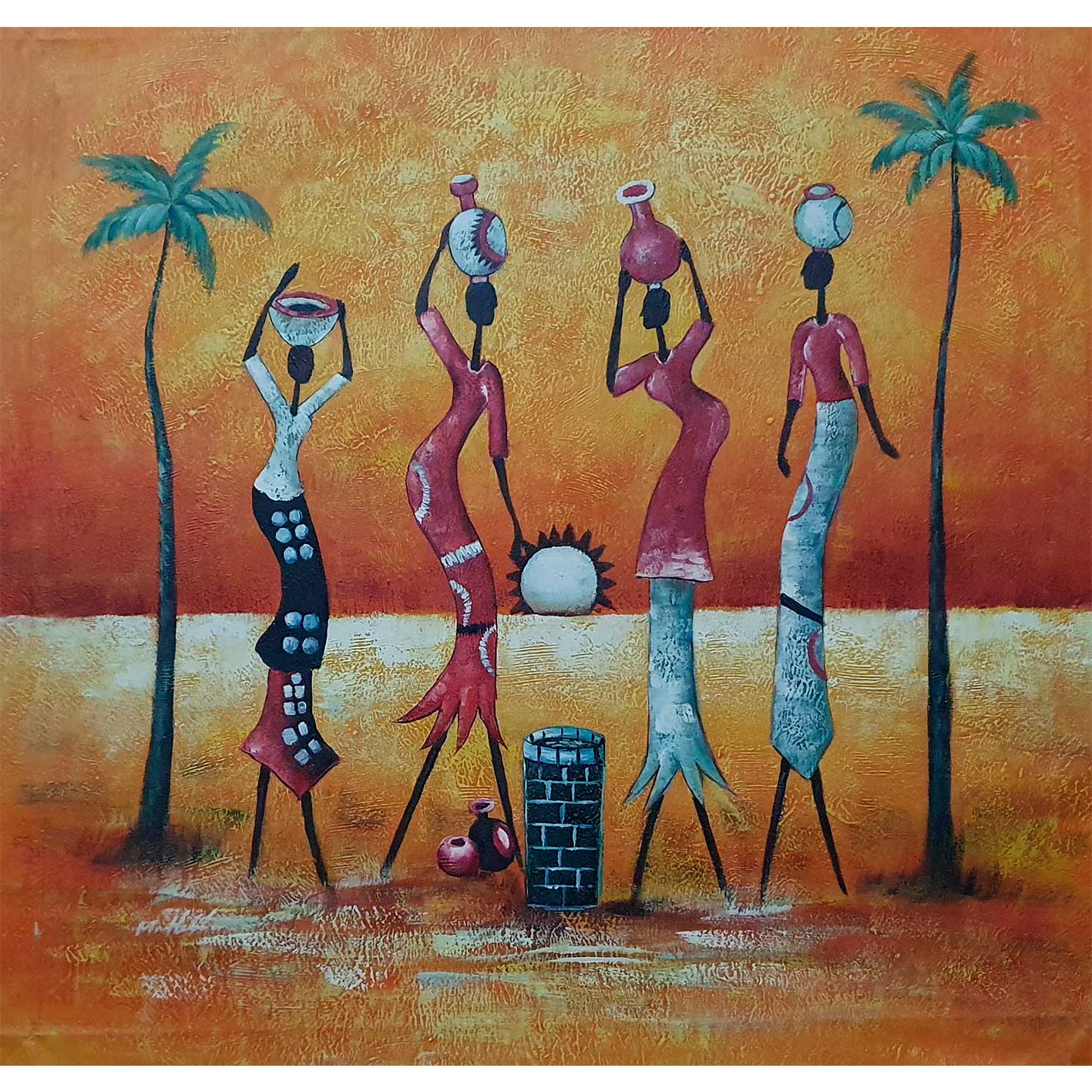 Cuadro Lienzo Oleo Mujeres Africanas Pozo 80x80 cm