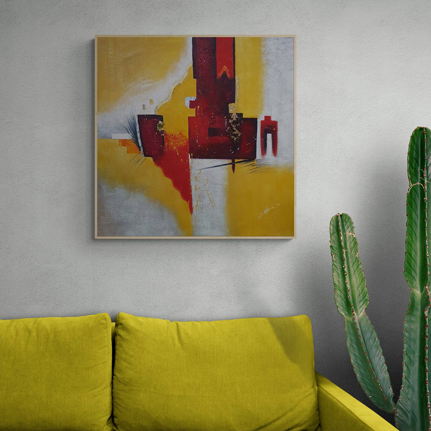 Cuadro al óleo moderno con geometrías abstractas en formato cuadrado ideal para salón