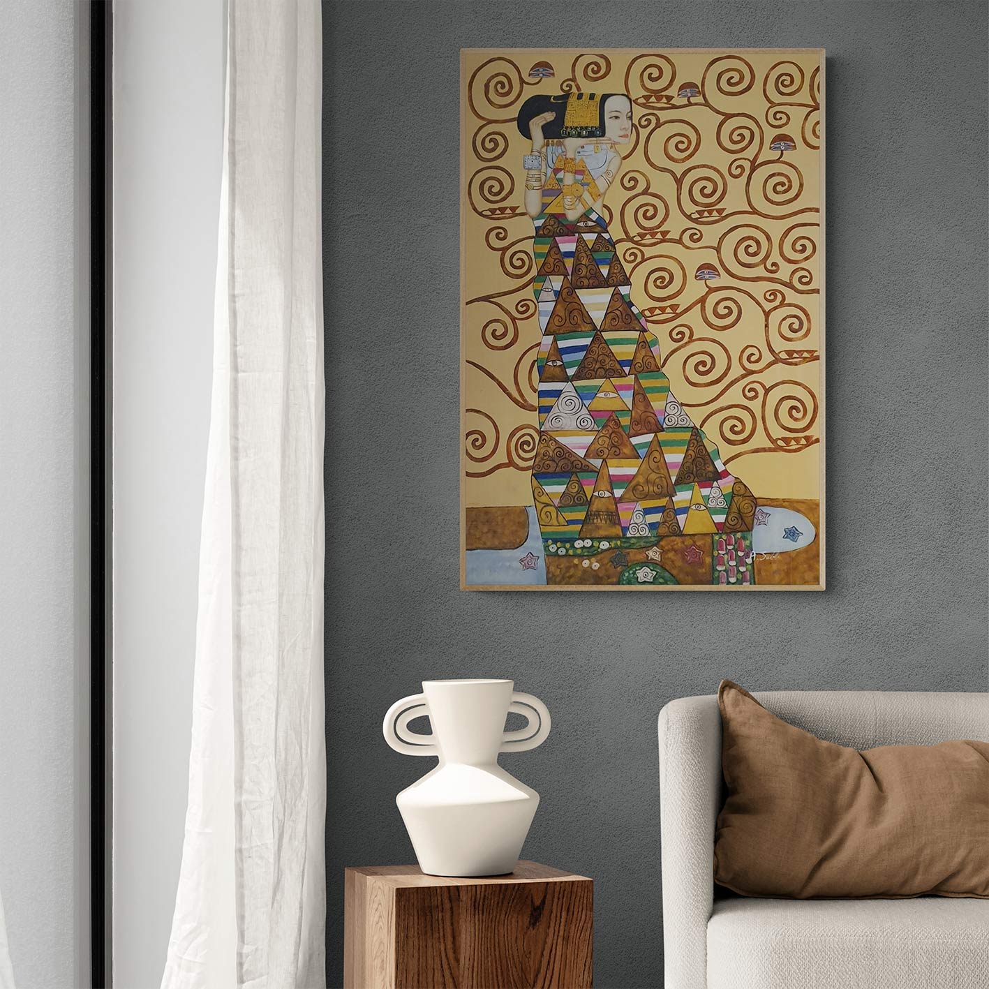 Cuadro al óleo hecha a mano estilo Klimt sobre fondo espiral
