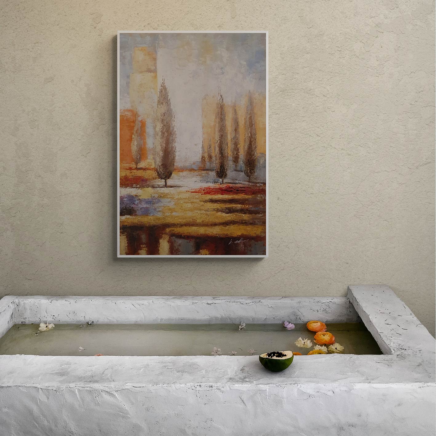 Cuadro decorativa de árboles con inspiración mediterránea y técnica óleo sobre lienzo
