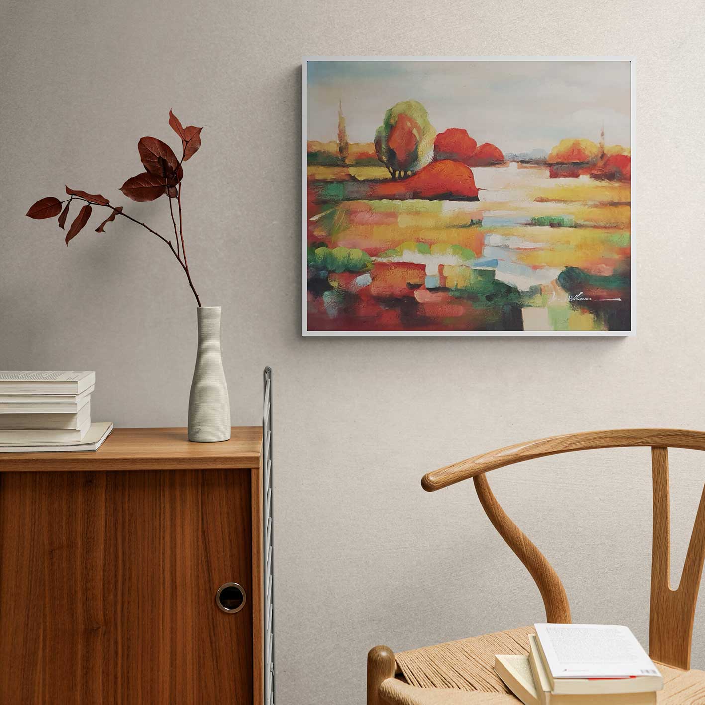 Cuadro contemporáneo de paisaje pintado al óleo en colores vivos