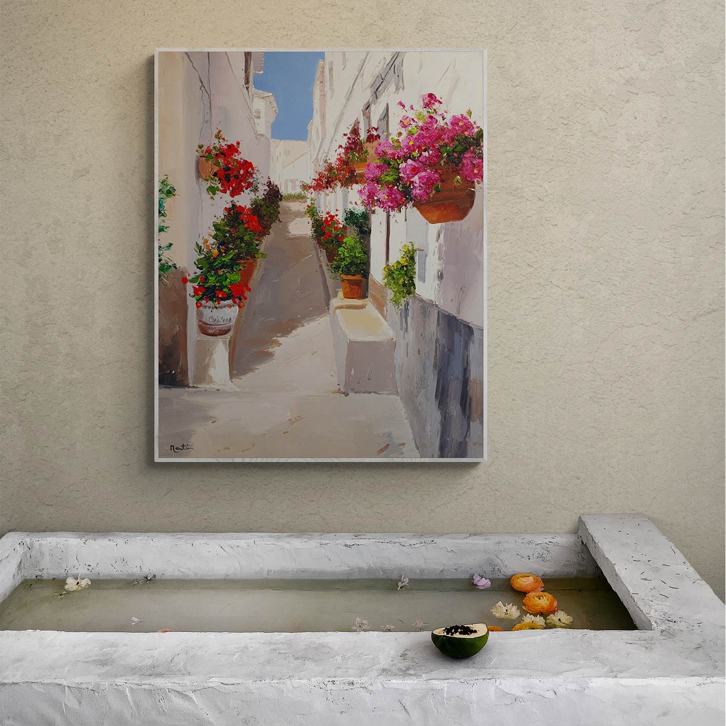 Cuadro macetas de geranios 80x100 cm