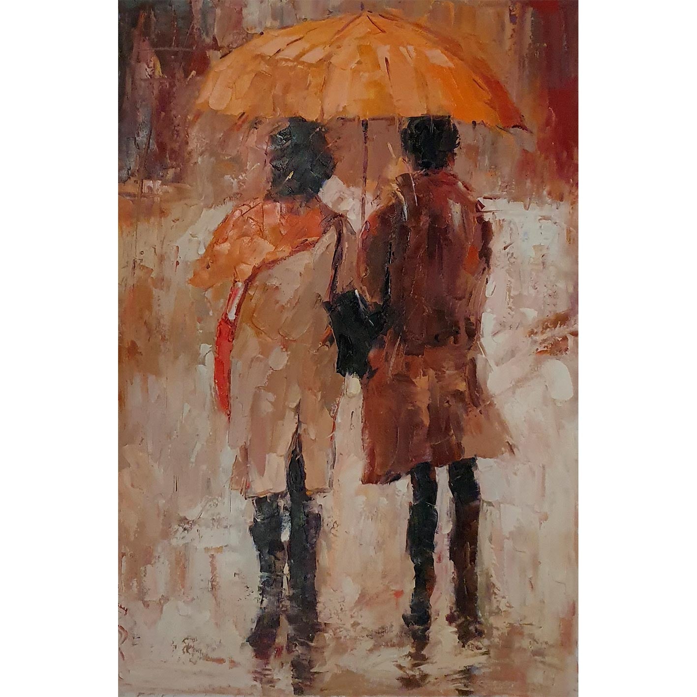 Cuadro romántico de pareja caminando bajo la lluvia ideal para hogares o negocios