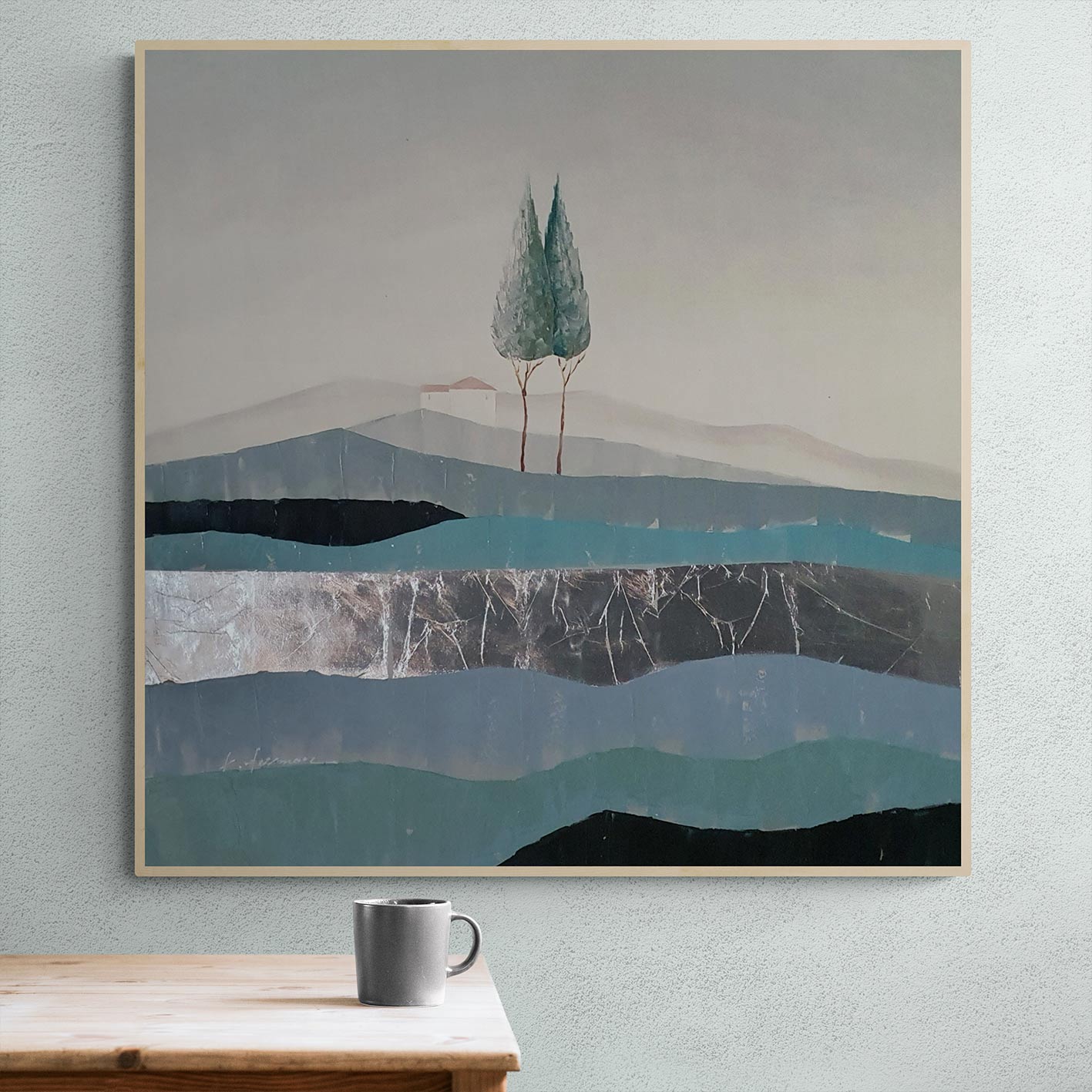 Cuadro de paisaje abstracto con detalles en plata