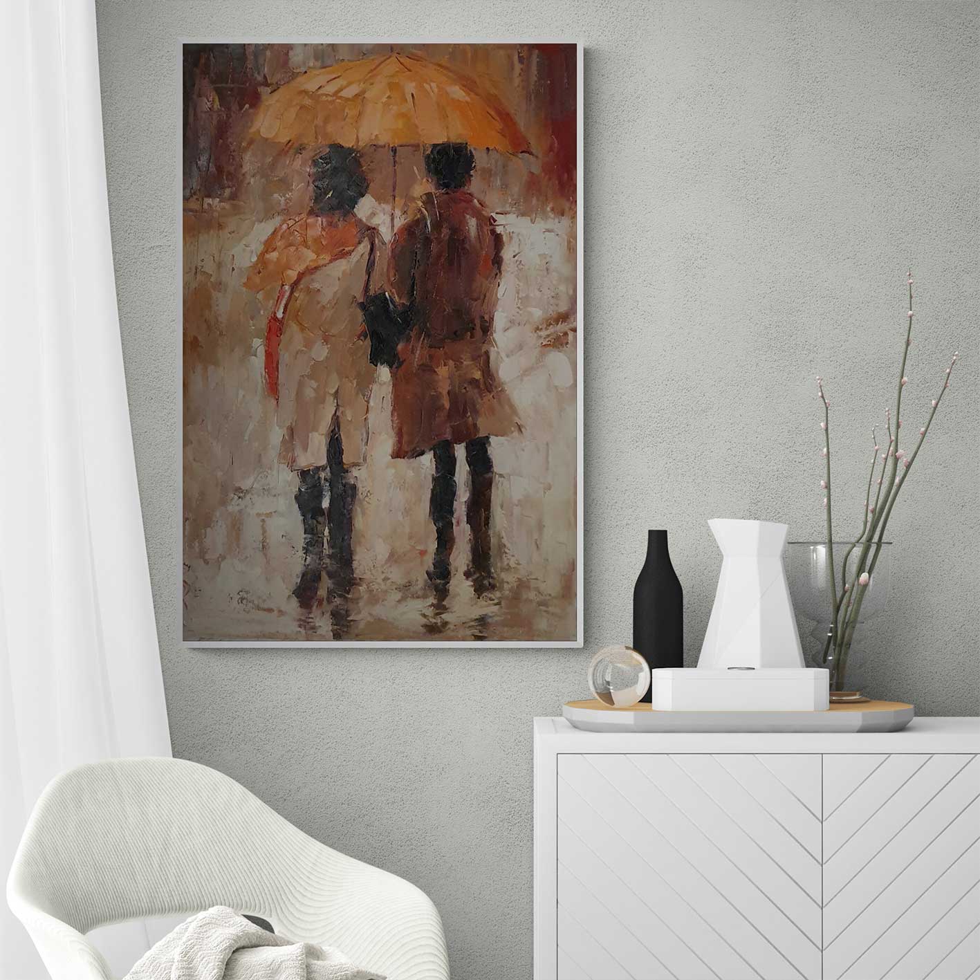Cuadro al óleo de pareja romántica con paraguas bajo la lluvia