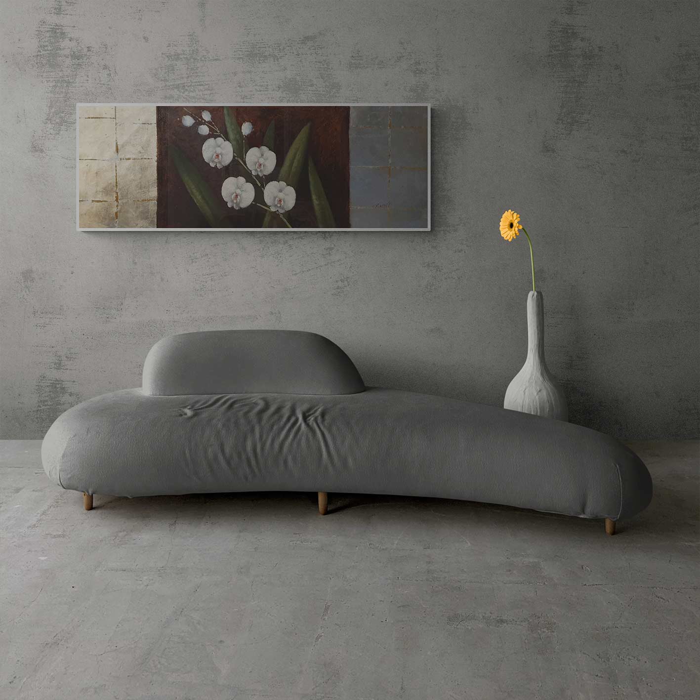 Cuadro Flores Plata Blancas 120x40 cm