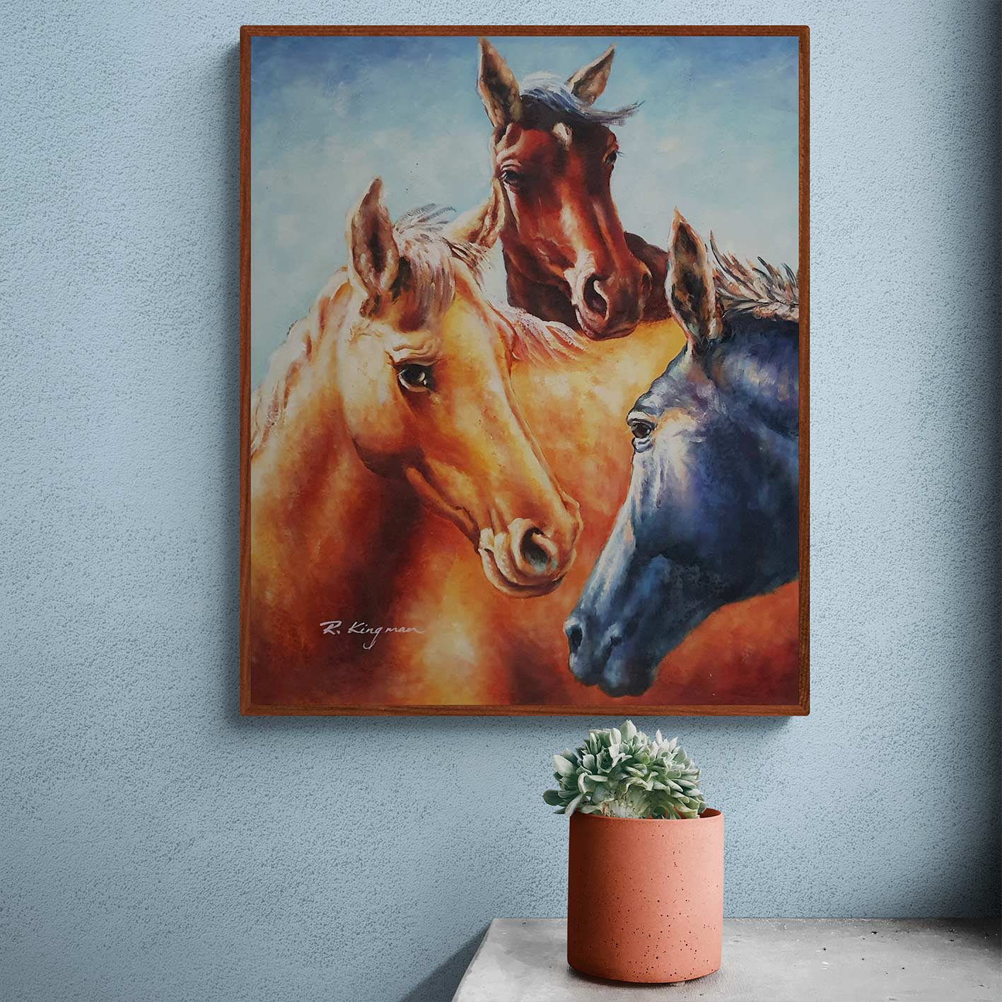 Cuadro al óleo de tres caballos 50x60 cm hecho a mano