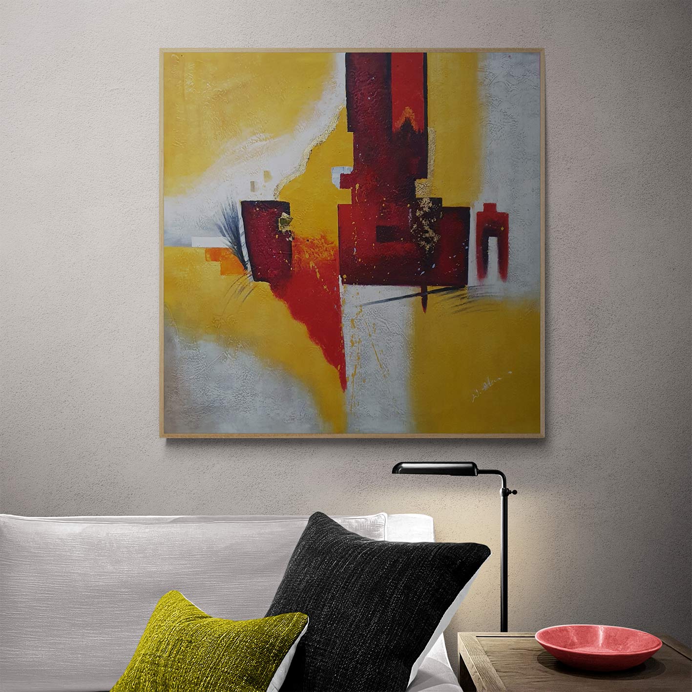 Cuadro abstracto en tonos amarillos, blancos y rojos