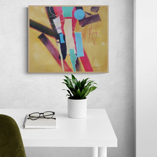 Cuadro al óleo pintado a mano con geometría abstracta en formato mediano de 60x50 cm