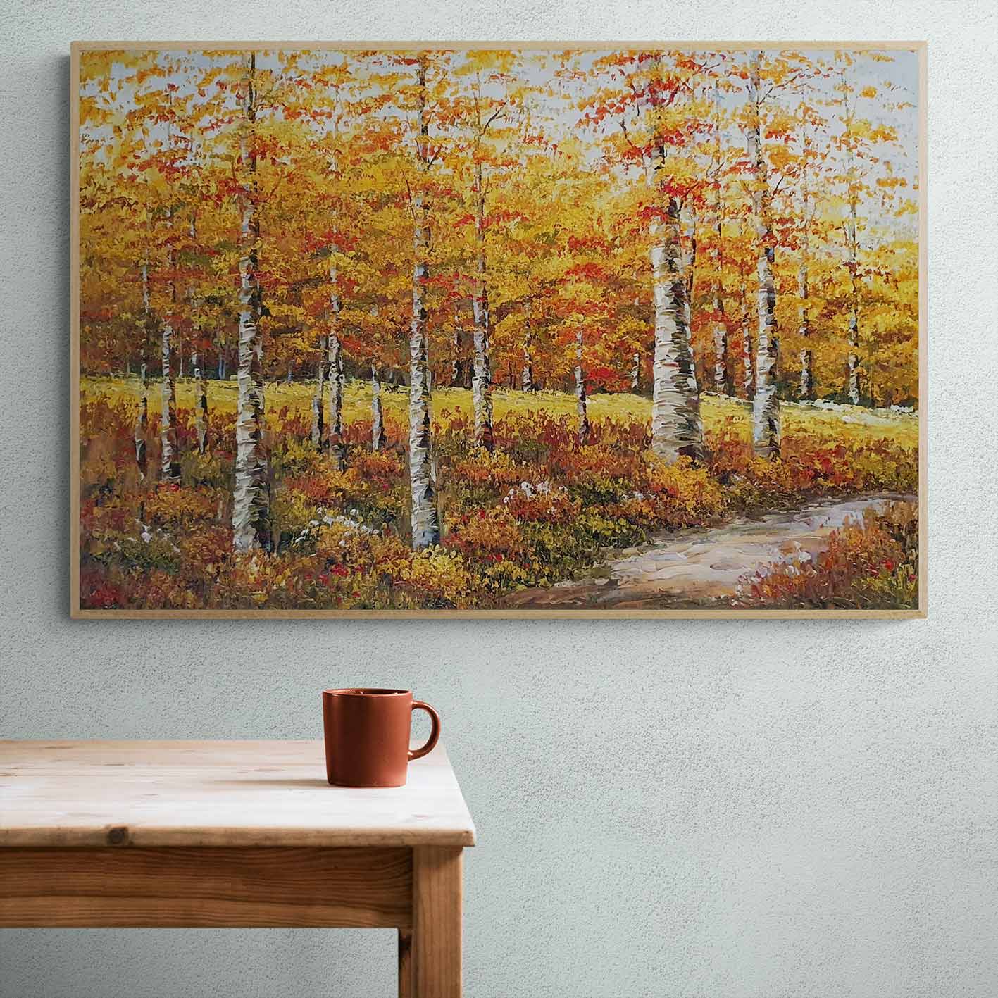 Pintura de paisaje otoñal con árboles naranjas y dorados